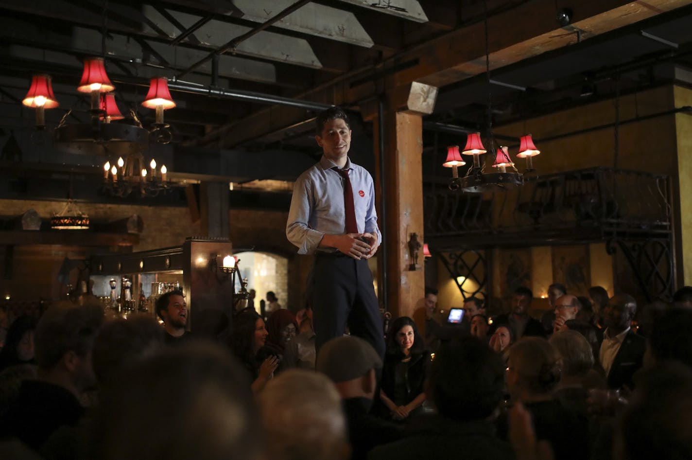 Jacob Frey addressed supporters from atop the bar at Jefe Urban Hacienda during his election night party.