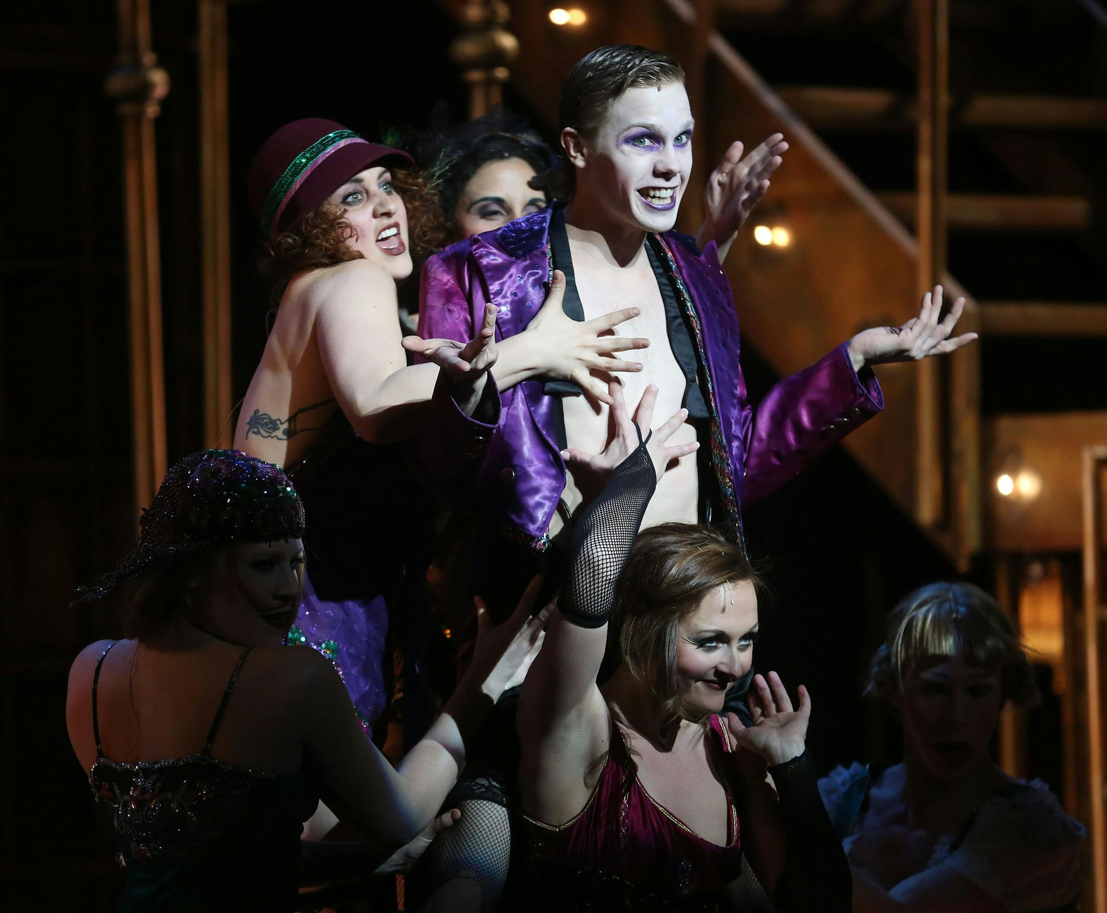 With actor Tyler Michaels in the middle the cast performed a scene from "Cabaret" during the dress rehearsal at the Pantages, produced by Theater Latte Da in Minneapolis Tuesday, January 7, 2014. ] (KYNDELL HARKNESS/STAR TRIBUNE) kyndell.harkness@startribune.com