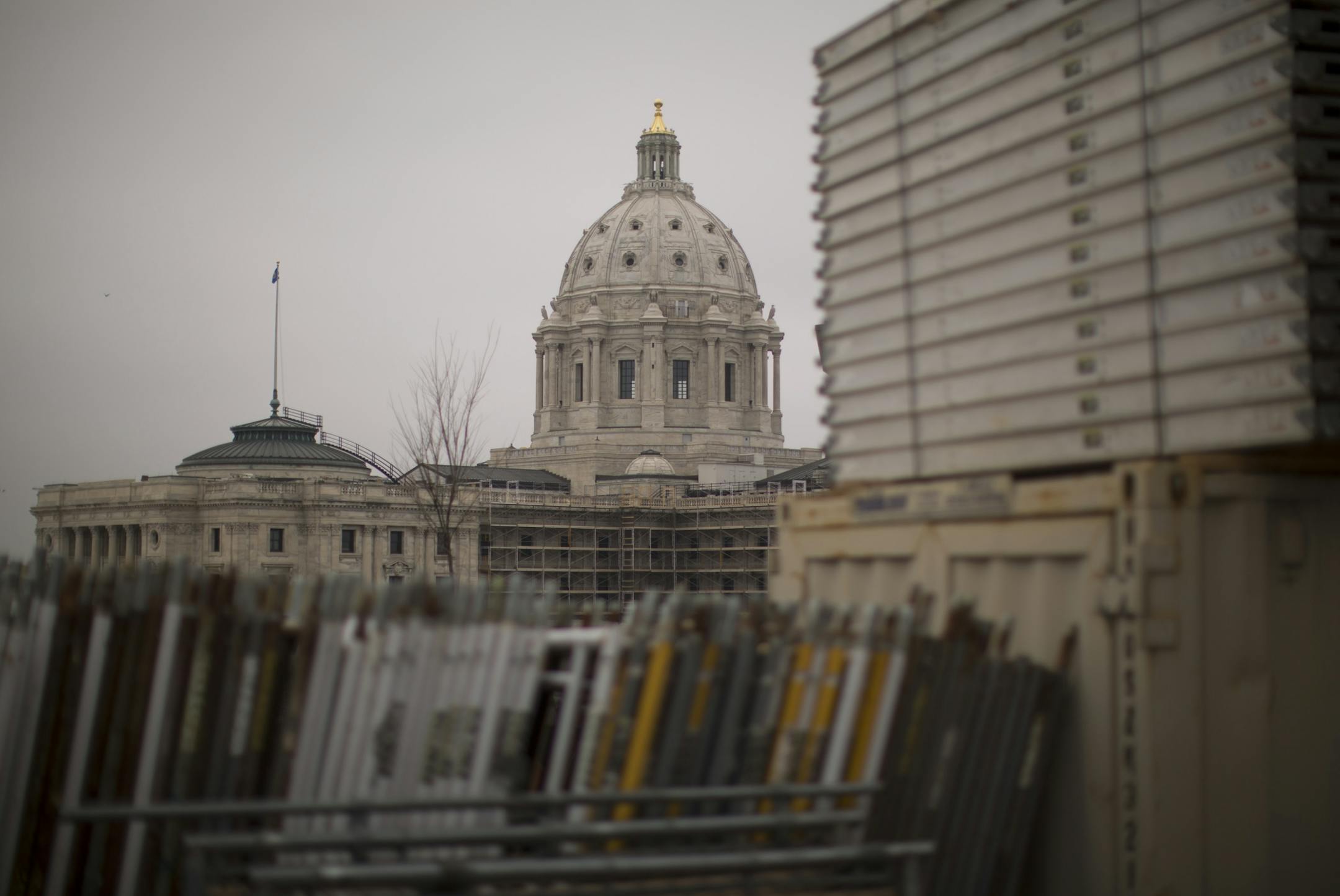Gov. Mark Dayton's 2013 bonding recommendations include $109 million to continue the design, construction and restoration work at the Minnesota State Capitol. Scaffolding is currently being installed on the north side of the building for restoration efforts that will begin this spring. A view of the scaffolding-clad Capitol building Monday afternoon, April 8, 2013 in St. Paul, Minn. All the scaffolding in the staging area in the foreground will eventually be erected around the Capitol.