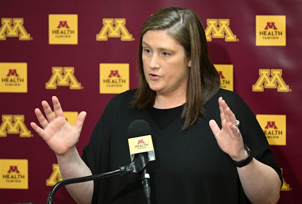 Gophers women's basketball coach Lindsay Whalen took on the media during a press conference Wednesday, April 6, 2022 at the University of Minnesota At