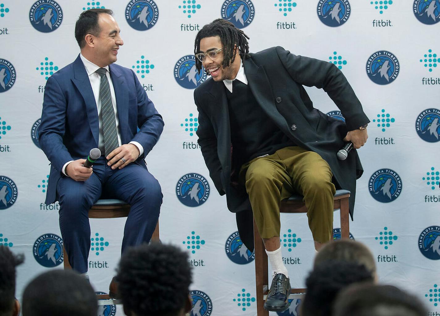 Minnesota Timberwolves President of Operations, Gersson Rosas, left, and D'Angelo Russell, took to a stage in laughter during a press conference at the City Center, Friday, February 7, 2020 in Minneapolis, MN. ] ELIZABETH FLORES • liz.flores@startribune.com