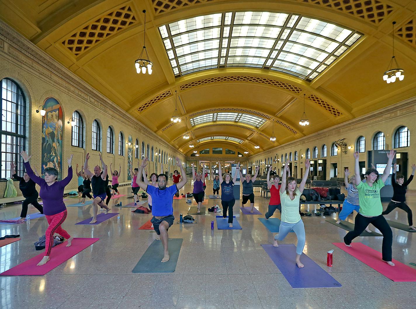 People do yoga at the Union Depot in Lowertown, Tuesday, November 17, 2015 in St. Paul, MN. The Union Depot offers intermediate Yoga classes for those looking for a mid-day break are every Tuesday from noon - 1 p.m . ] (ELIZABETH FLORES/STAR TRIBUNE) ELIZABETH FLORES &#x2022; eflores@startribune.com