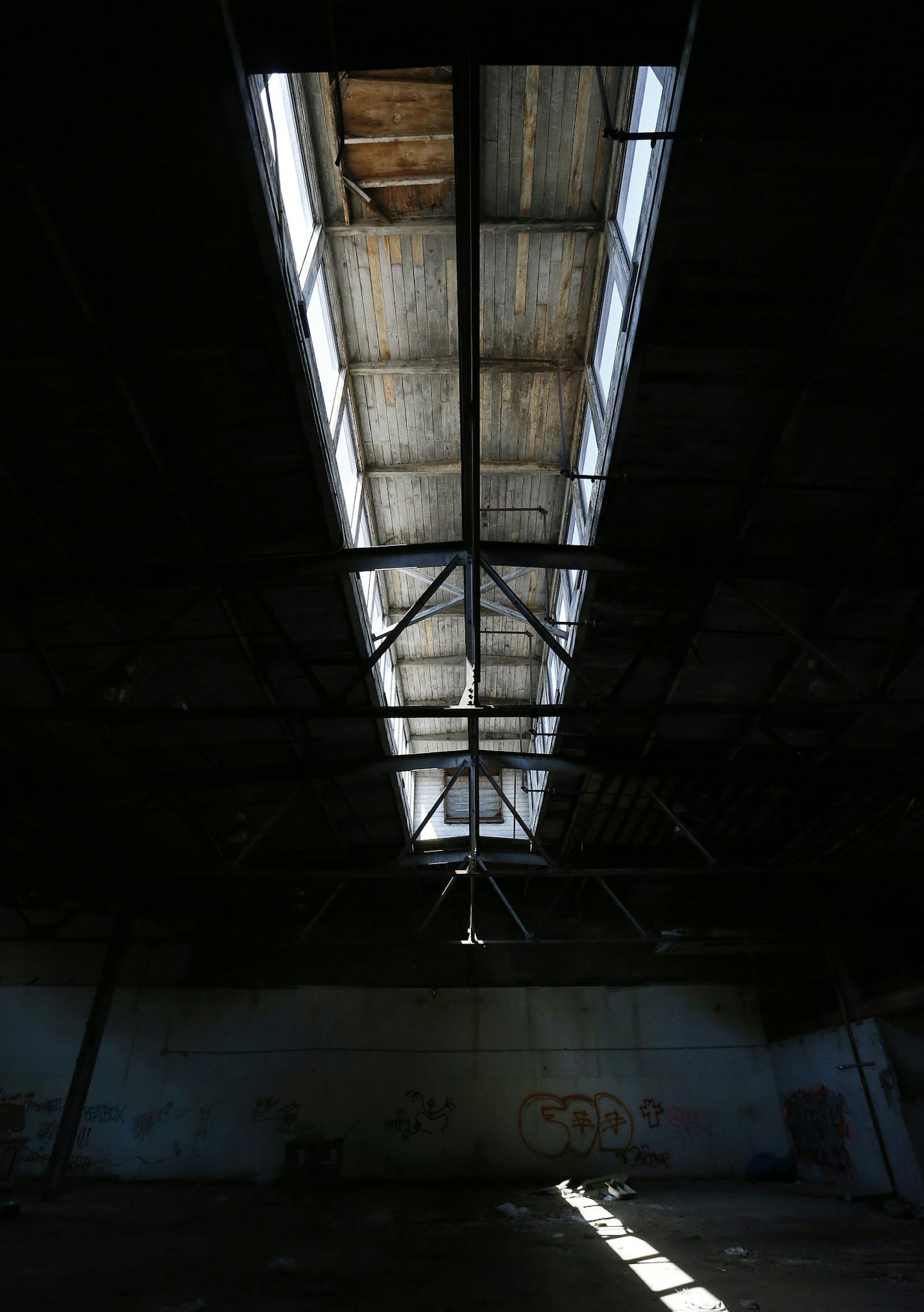 A skylight at Schmidt Brewery kegging build. Local developer Craig Cohen purchased the Schmidt Brewery kegging building and has plans to turning it into a year-round Farmer's Market and community program facility. ] CARLOS GONZALEZ cgonzalez@startribune.com - July 22, 2015, St. Paul, MN, A small, local developer who lives in the W. 7th neighborhood will begin construction next week on a historic renovation of the Schmidt Brewery kegging building -- turning it into a year-round Farmer's Market an