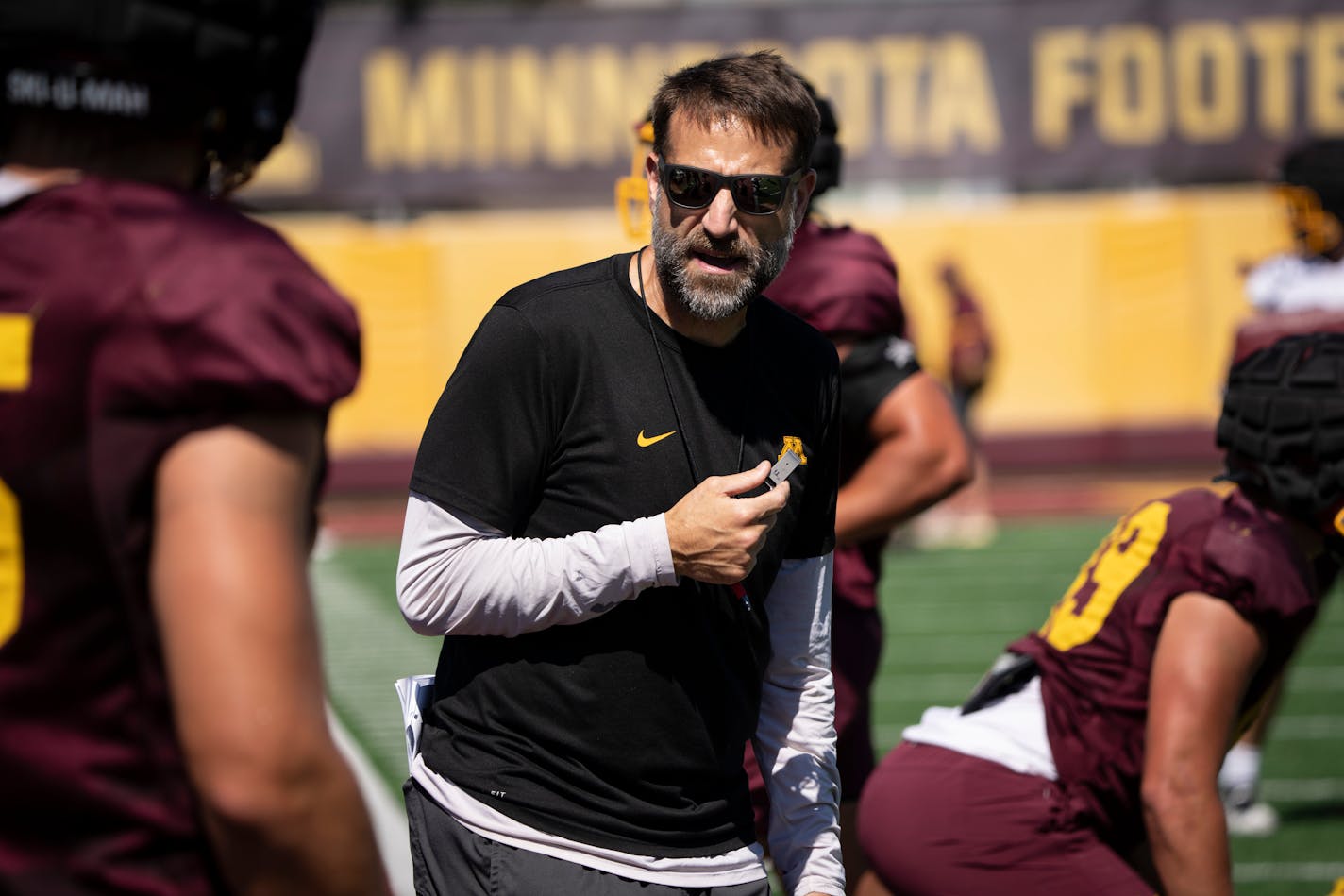 Defensive coordinator Joe Rossi during an open Gophers football practice at the Universtiy of Minnesota Tuesday, Aug. 15, 2023 in Minneapolis, Minn. ] RENEE JONES SCHNEIDER • renee.jones@startribune.com