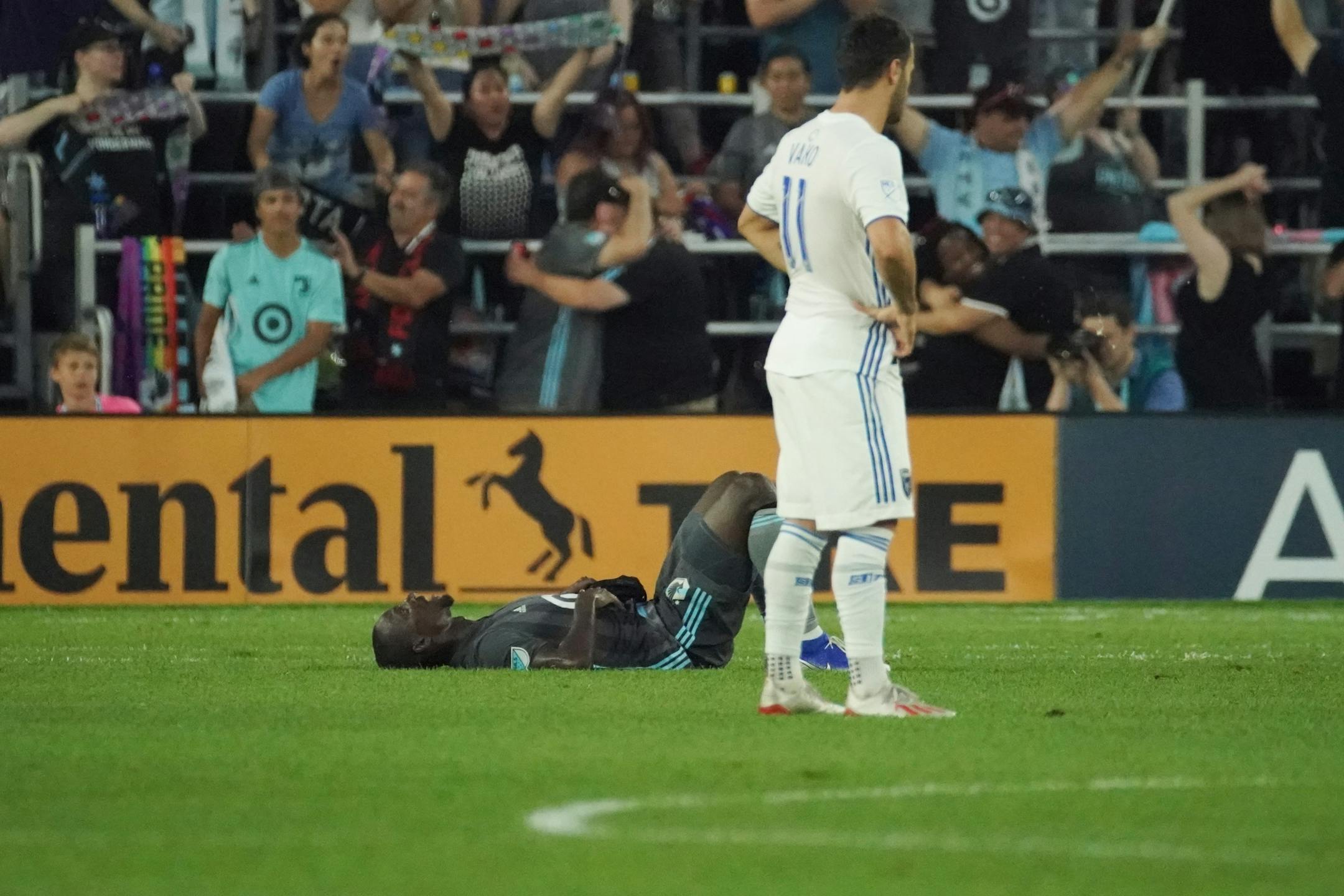 Minnesota United defender Ike Opara (3) collapsed after his team's win over San Jose Earthquakes. The Minnesota United beat the San Jose Earthquakes 3-1.