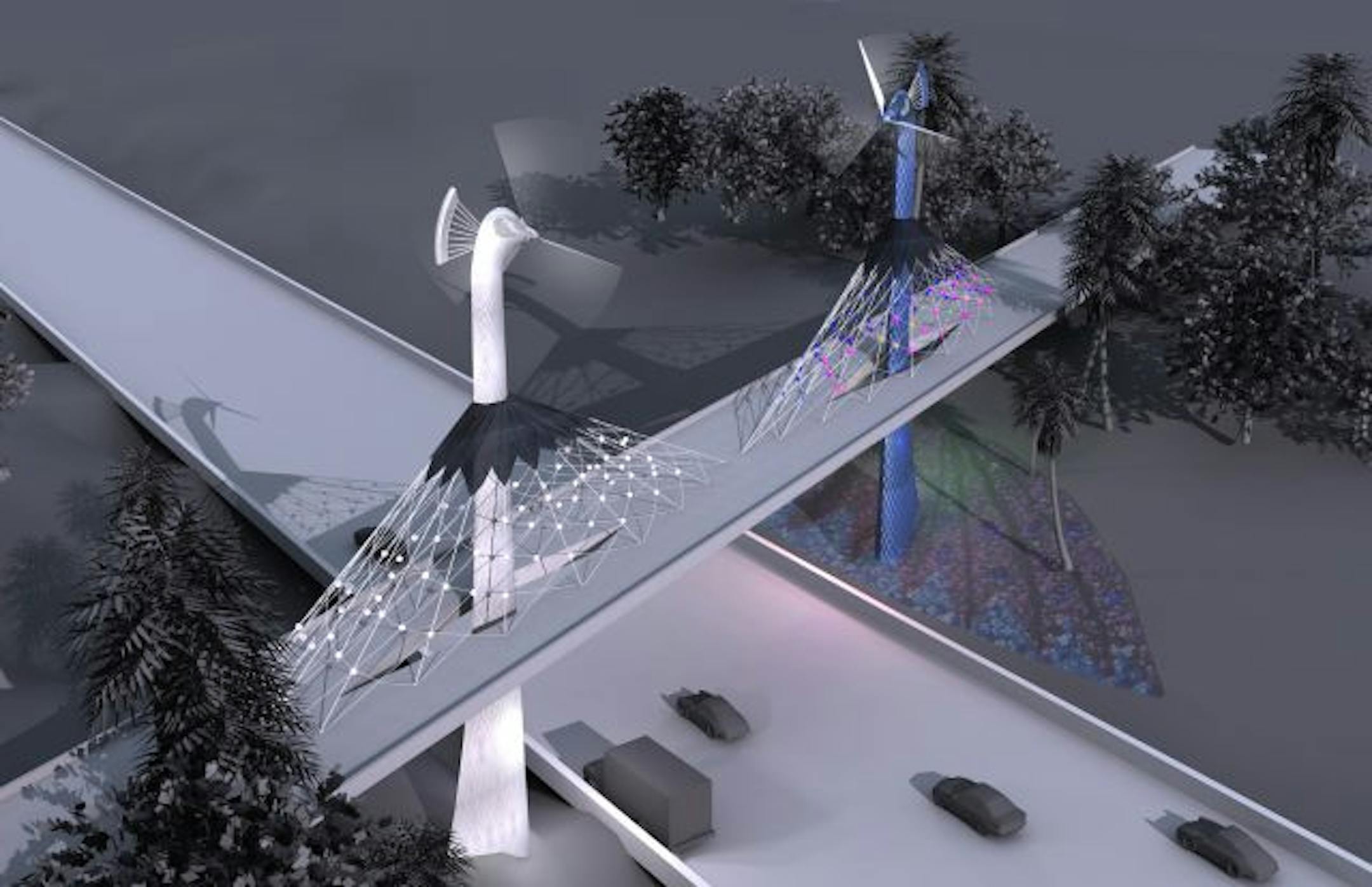 A rendering of what Andrew Leicester's light-rail bridge would look like at night. His main design element is the support pillars, which are garnished to suggest peacocks, the emblem of a Los Angeles suburb through which the light-rail line will pass.