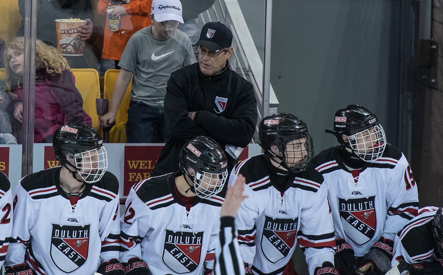 Duluth East coach Mike Randolph, behind the bench during the Class 2A, Section 7 championship Grand Rapids vs. Duluth East 3/2/17