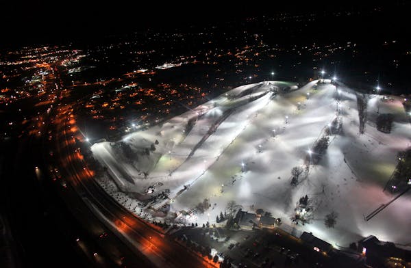 A bird&#x2019;s-eye view of Buck Hill at night, in February 2010. That&#x2019;s Interstate 35 running along the eastern edge of the Burnsville ski are