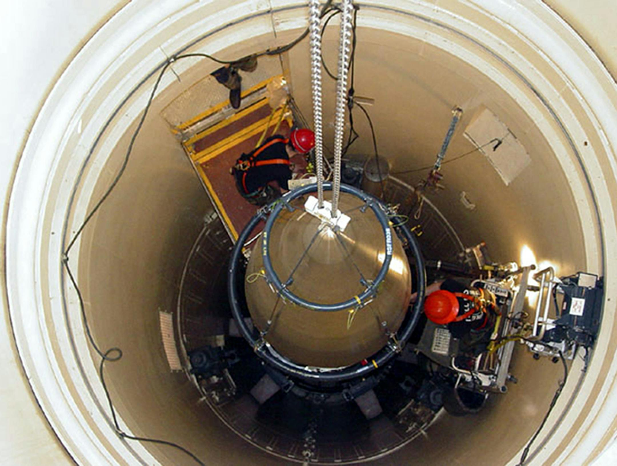 In this image released by the U.S. Air Force, a Malmstrom Air Force Base missile maintenance team removes the upper section of an ICBM at a Montana missile site. An Air Force unit that operates one-third of the nation's land-based nuclear missiles at Malmstrom Air Force Base, Mont., has failed a safety and security inspection, said Lt. Gen. James M. Kowalski, who is in charge of the nuclear air force.