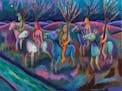 "Tree People" by Jim Denomie (2020, 30 x 40 inches, oil on canvas, collection Forge Project)