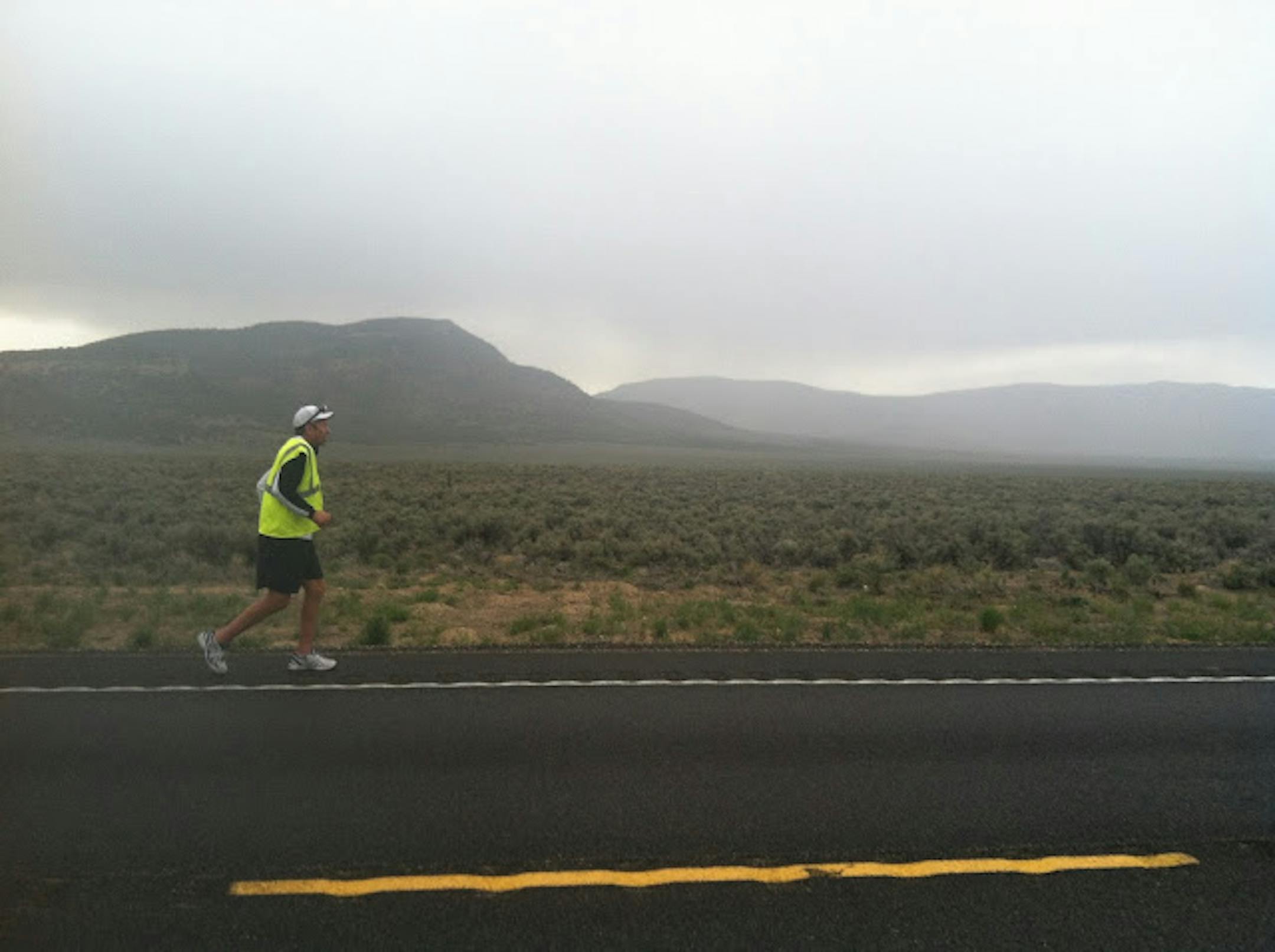 Steve Knowlton running on a highway near Austin, Nev.