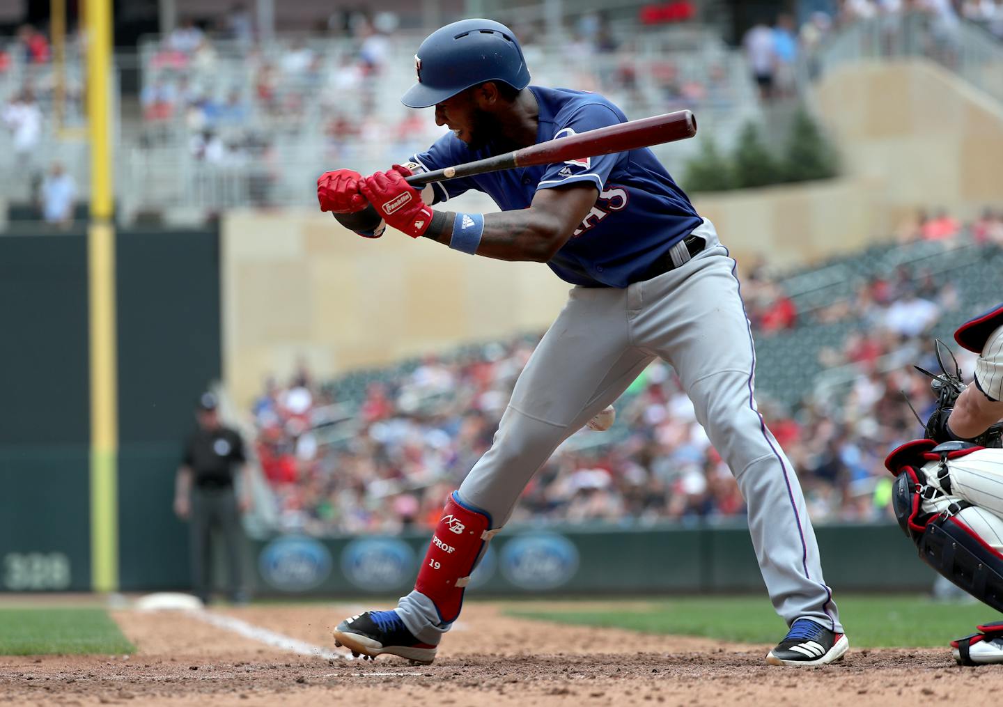 The Texas Rangers' Jurickson Profar is hit by a pitch by Minnesota Twins reliever Addison Reed in the seventh inning, sparking an exchange of words between the two managers on Saturday, June 23, 2018, at Target Field in Minneapolis. The Rangers won, 9-6. (David Joles/Minneapolis Star Tribune/TNS) ORG XMIT: 1234260