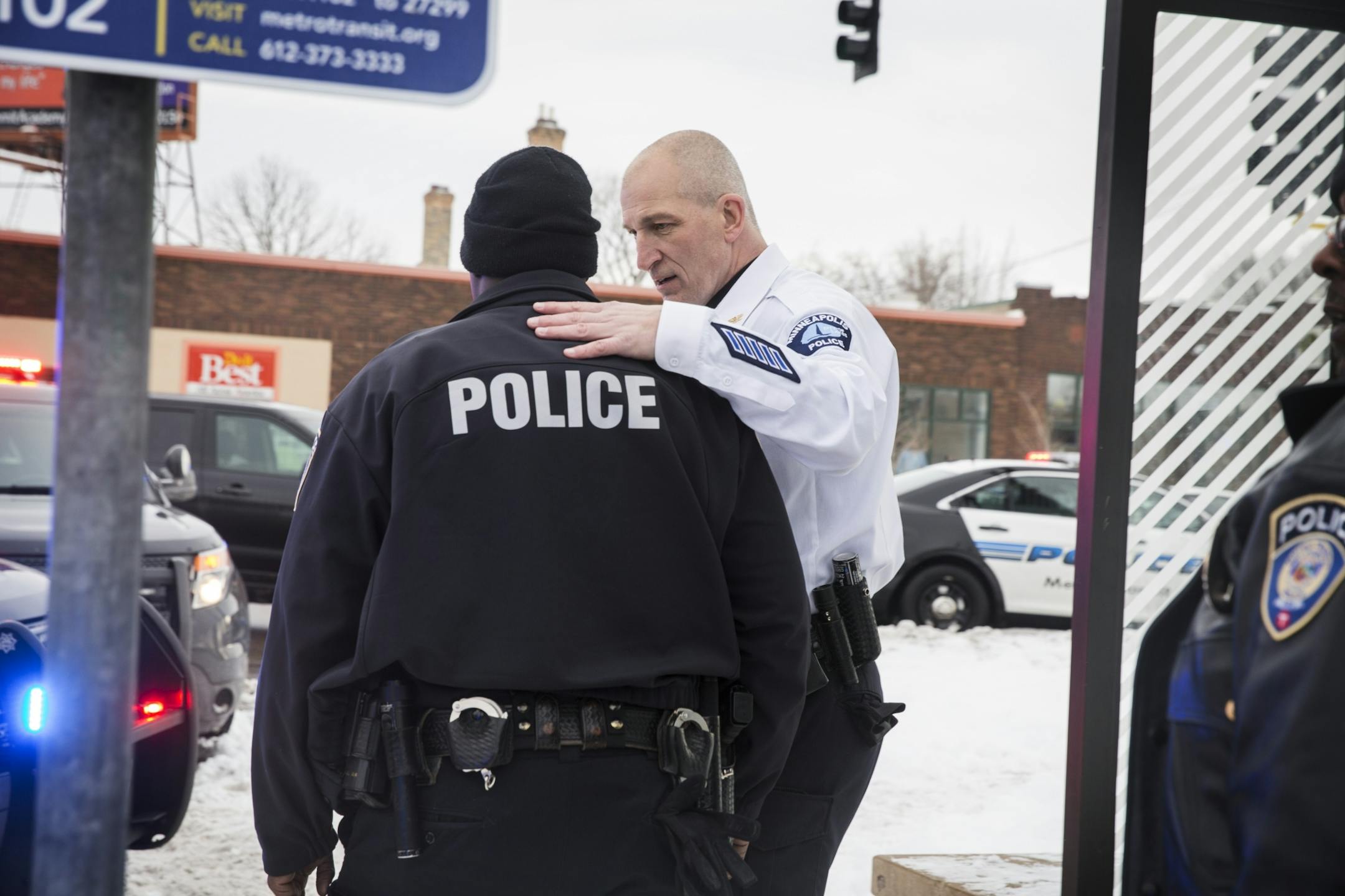 Inspector Mike Friestleben of the Minneapolis Police Department's Fourth Precinct talks to an officer on a call on Thursday, February 4, 2016.