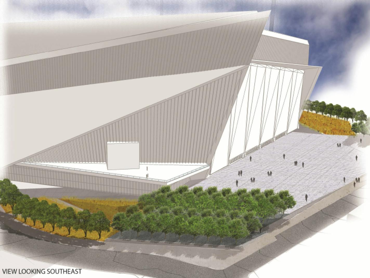 An landscape architect&#x201a;&#xc4;&#xf4;s rendering of the new Vikings stadium as viewed from the northwest looking southeast toward Elliot Park. The stadium&#x201a;&#xc4;&#xf4;s west end plaza, which will serve as the main entrance, is located on the right and is flanked by dozens of trees. Source: Oslund and Associates