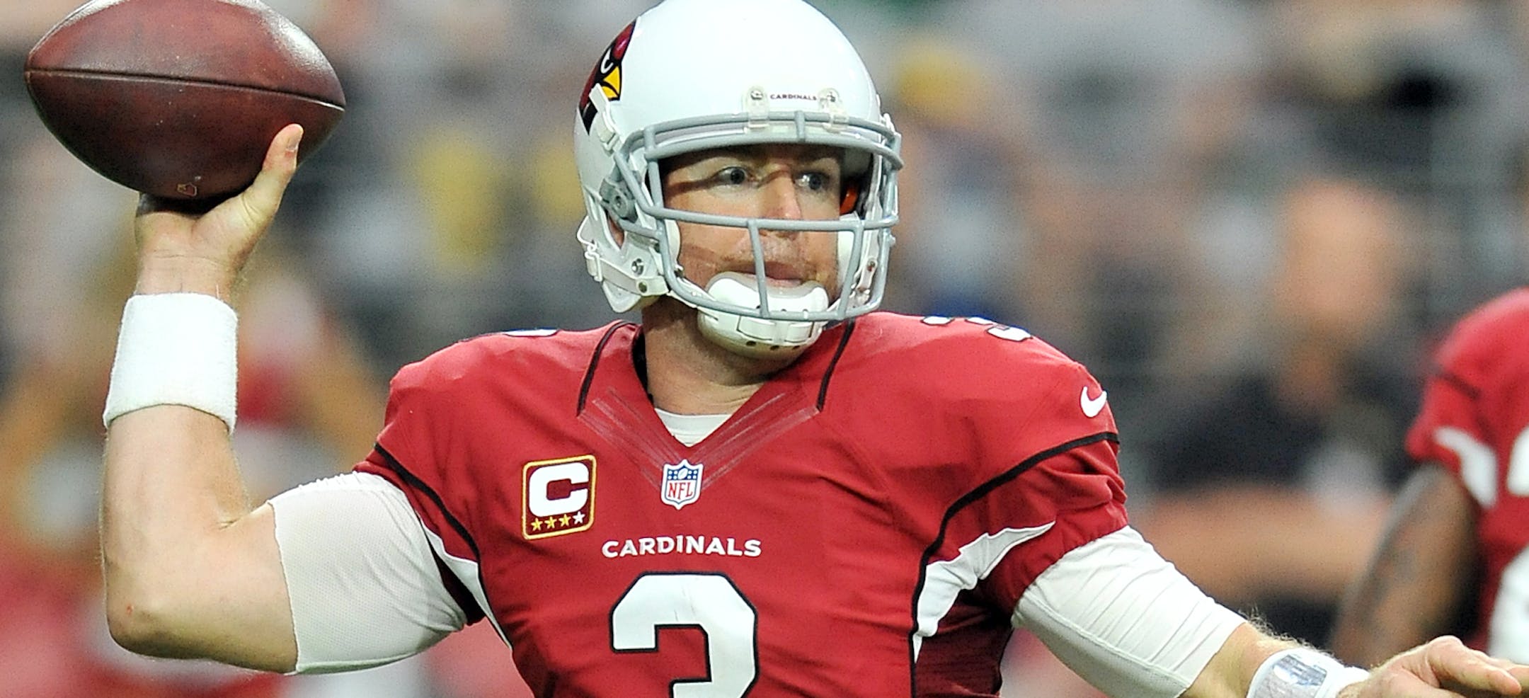 Arizona Cardinals quarterback (3) Carson Palmer back to pass during a game against the New Orleans Saints played at University of Phoenix Stadium in Glendale, Ariz. on Sunday, Sept. 13, 2015. (AP Photo/John Cordes)