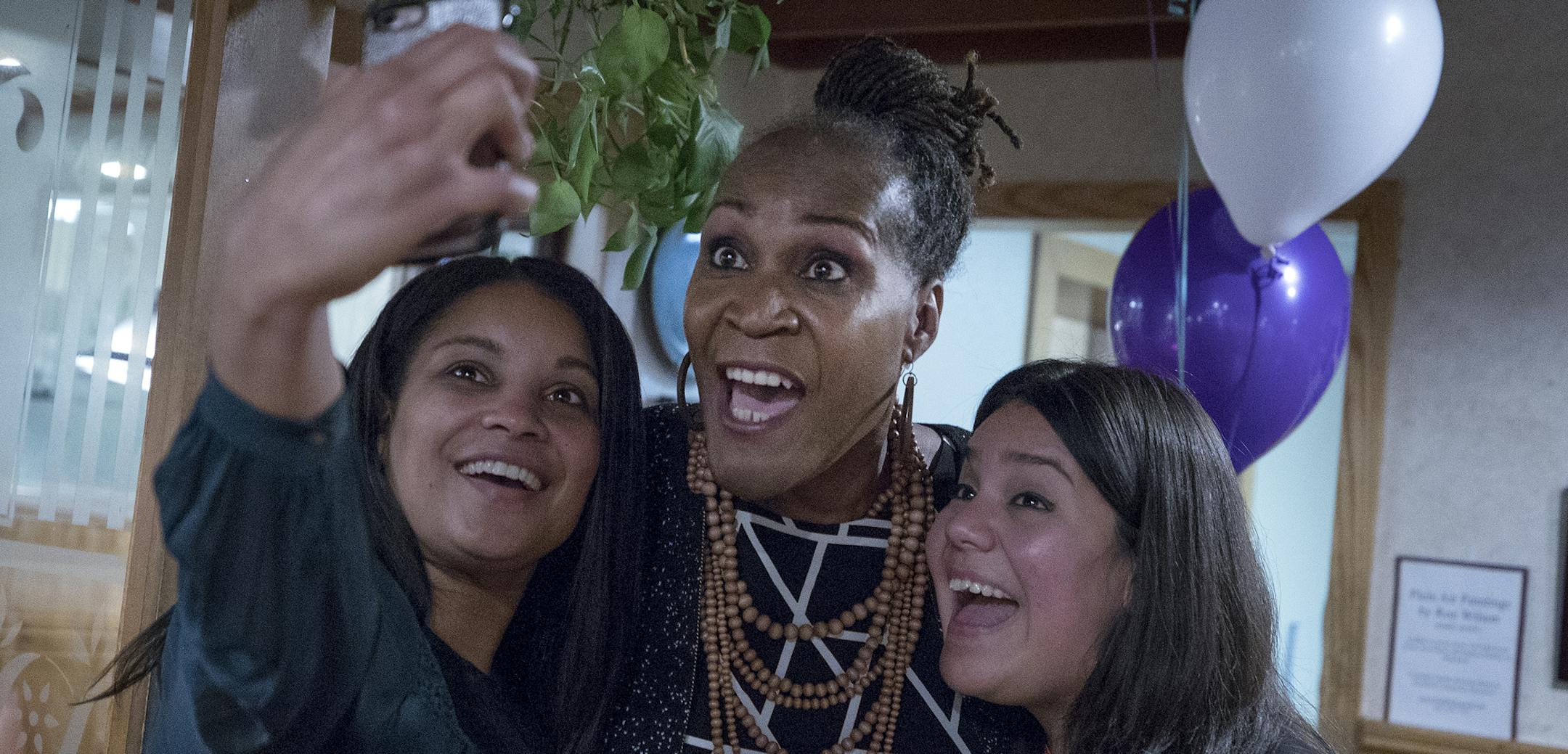 Deebaa Sirdar (left) and Sara Lopez (right) took a selfie with Andrea Jenkins. Jenkins, is the first transgender woman of color elected to public office. ] CARLOS GONZALEZ &#xef; cgonzalez@startribune.com - November 2, 2017, Minneapolis, MN - Third Ward city council race -