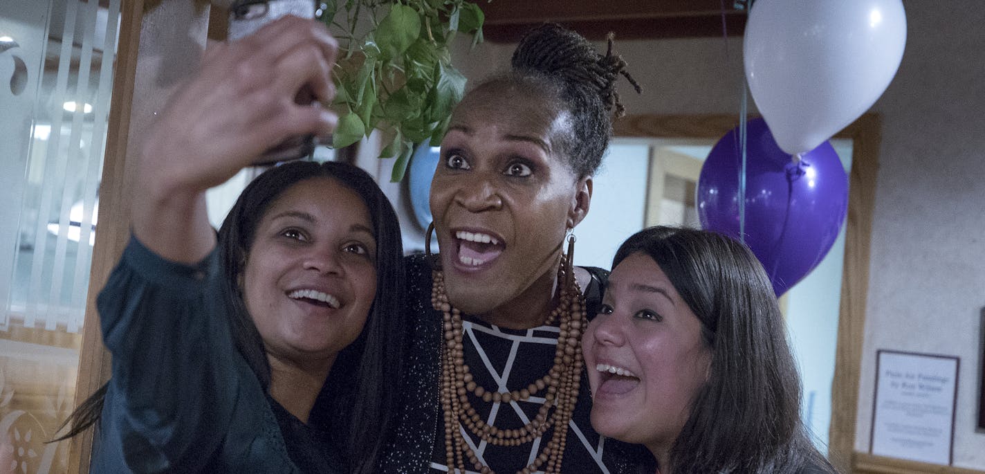 Deebaa Sirdar (left) and Sara Lopez (right) took a selfie with Andrea Jenkins. Jenkins, is the first transgender woman of color elected to public office. ] CARLOS GONZALEZ &#xef; cgonzalez@startribune.com - November 2, 2017, Minneapolis, MN - Third Ward city council race -