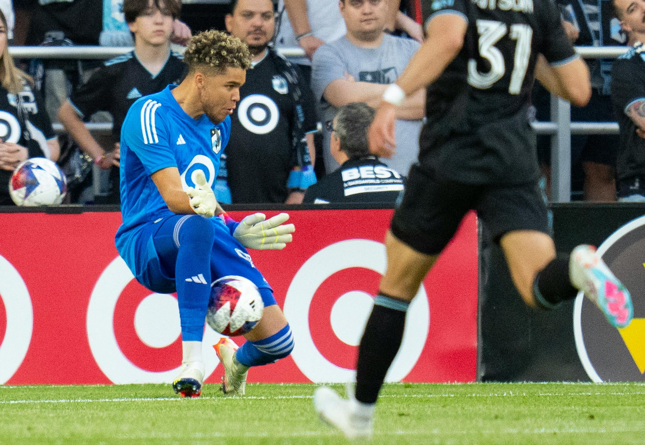 Minnesota United goalkeeper Dayne St. Clair (97) surrenders a goal to Real Salt Lake forward Jefferson Savarino (10) in the first half.
