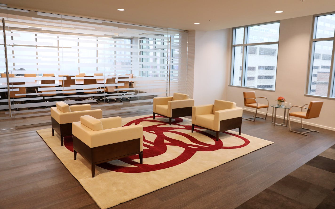 A seating area just outside the Kraus Anderson's new board room. ] ANTHONY SOUFFLE &#xef; anthony.souffle@startribune.com Al Gerhardt, the recently promoted president of Kraus Anderson Construction Company stood for a portrait and gave a tour of their new and improved headquarters building Friday, Oct. 27, 2017 in downtown Minneapolis. The building is part of an extensive project that will dramatically impact the East Town and Elliot Park neighborhoods with a new brewpub, 17-story apartment towe