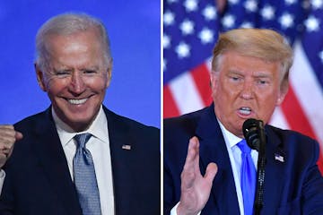 The presidential candidates took the stage early Wednesday: Democrat Joe Biden, left, spoke in Wilmington, Del., while President Donald Trump made com