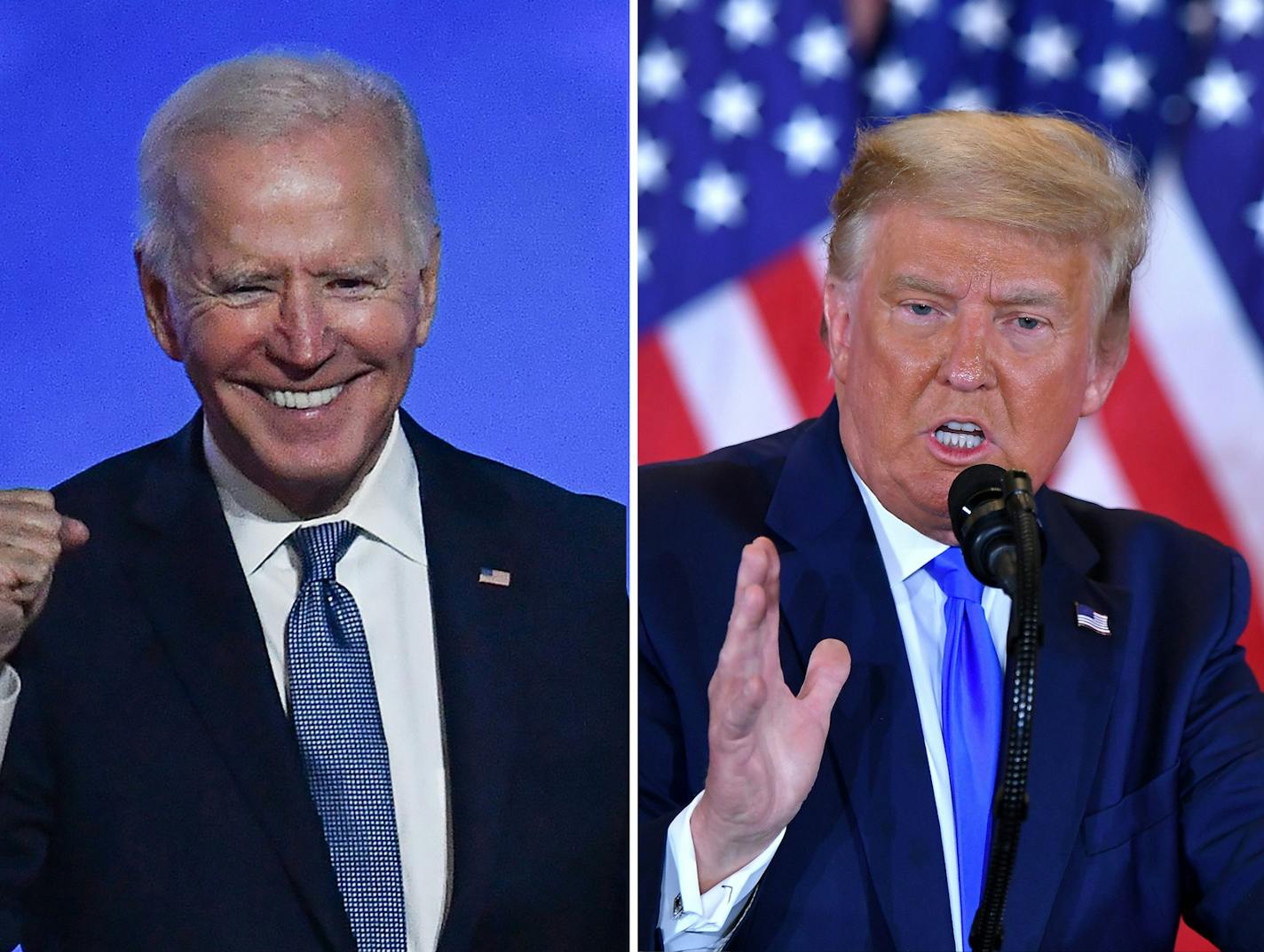 The presidential candidates took the stage early Wednesday: Democrat Joe Biden, left, spoke in Wilmington, Del., while President Donald Trump made comments in the East Room of the White House.