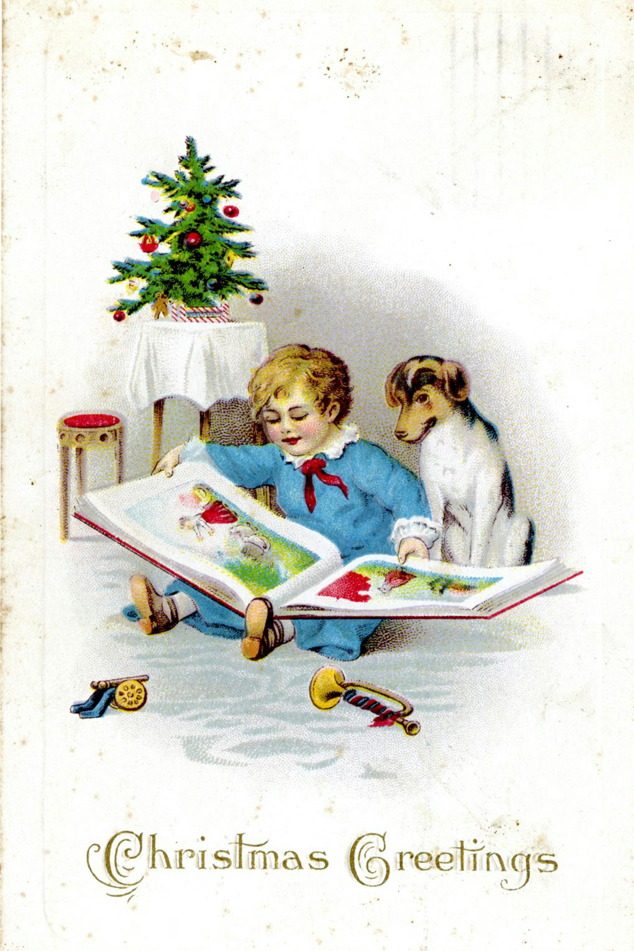 The wonder of a boy and his dog at Christmas has an European setting, as the tabletop tree suggests. Washington County Historical Society