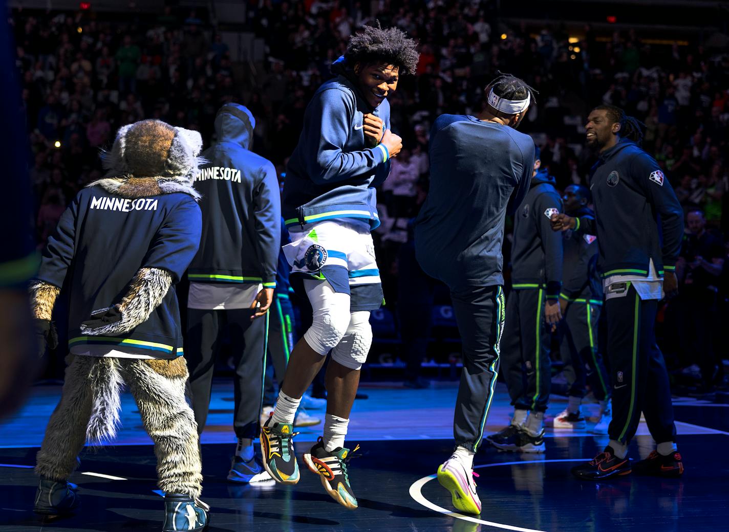 Anthony Edwards during team introductions Tuesday, April 5, at Target Center in Minneapolis, Minn.