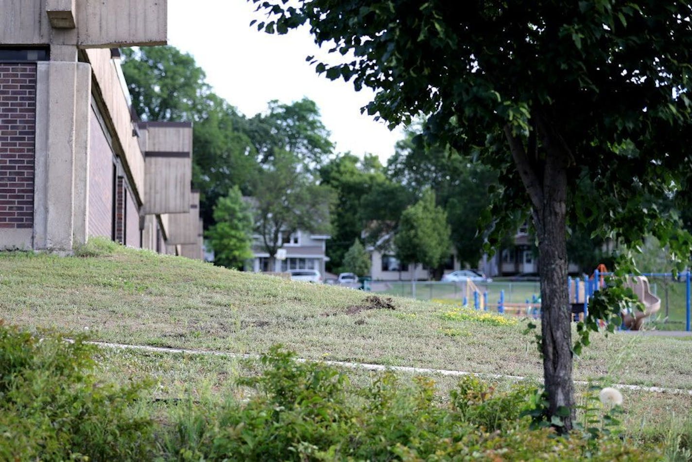 Skids marks in the dirt on the top of a hill near Bruce Vento Elementary School mark the scene of a fatal motorcycle crash in St. Paul near Case Avenue and Clark Street.