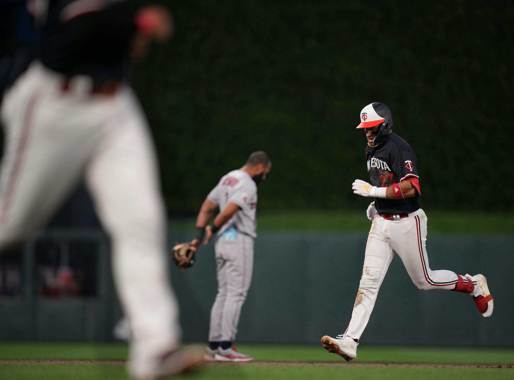 Minnesota Twins third baseman Royce Lewis (23) homers in the 9th scoring Minnesota Twins first baseman Donovan Solano (39) to tie the game in the 8th in Minneapolis, Minn., on Thursday, June 1, 2023.