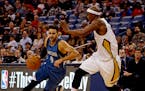 Timberwolves guard Ricky Rubio, who drove to the basket Wednesday night against the Pelicans&#x2019; Dante Cunningham, has struggled recently with an 