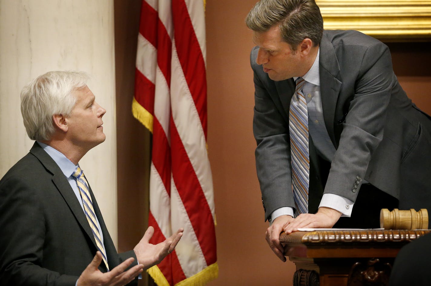 Minority Leader Representative Paul Thissen (DFL) District: 61B spoke with Speaker of the House Representative Kurt Daudt (R) District: 31A in the last hour of the Final day of the session. ] CARLOS GONZALEZ cgonzalez@startribune.com - May 22, 2016, St. Paul, MN, Minnesota State Legislature Final day of the session. Lots of chaos until midnight, when they must stop acting on bills for the year