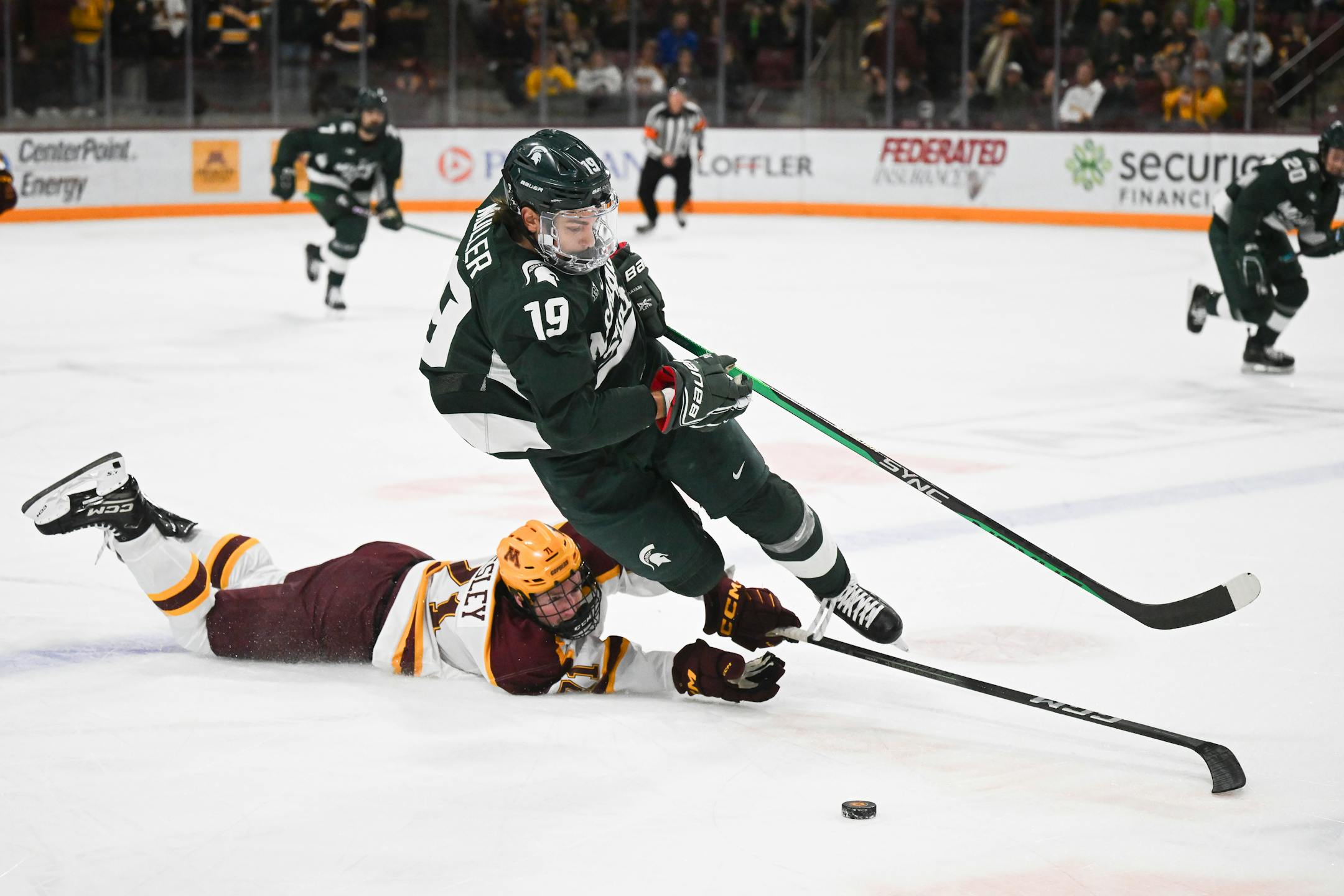 Michigan St. forward Nicolas Muller (19) and Minnesota defenseman Ryan Chesley (71) battle for the puck during the first period Friday, Nov. 24, 2023 at the 3M Arena at Mariucci in Minneapolis, Minn.. ] AARON LAVINSKY • aaron.lavinsky@startribune.com