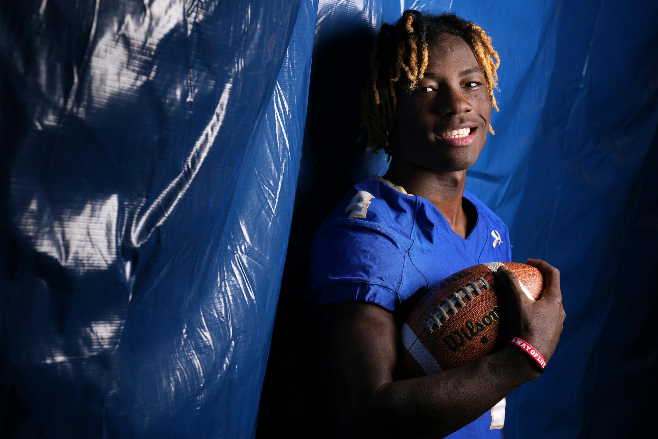 The Metro Football Player of the Year Holy Angels running back Emmett Johnson stands for a portrait Friday, Nov. 19, 2021 at the Academy of Holy Angels in Richfield, Minn. ] ANTHONY SOUFFLE • anthony.souffle@startribune.com