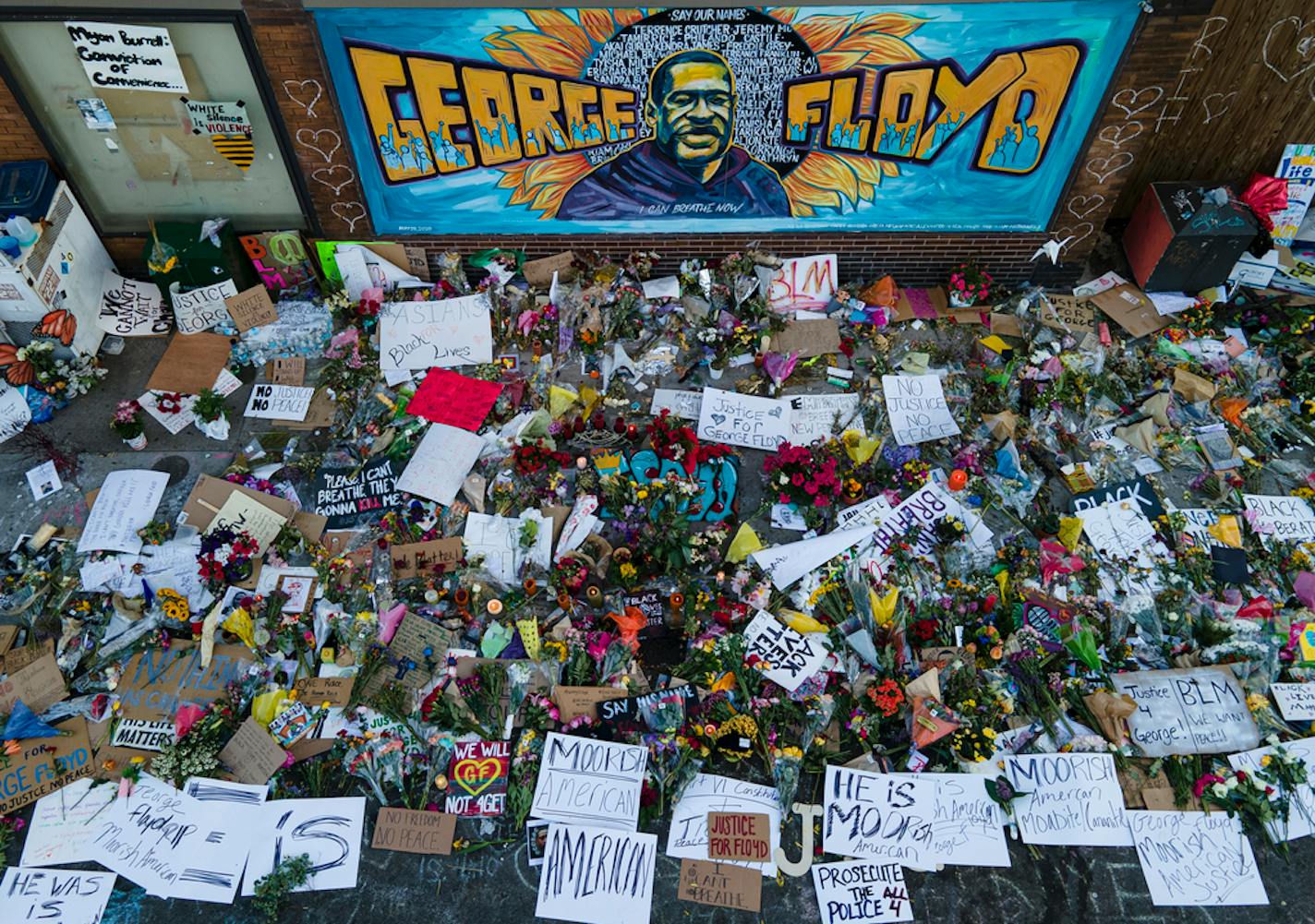 A memorial at E. 38th Street and S. Chicago Avenue outside Cup Foods in Minneapolis.