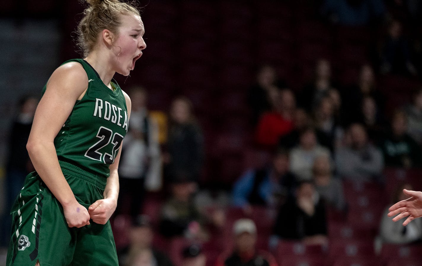 Katie Borowicz (23) of Roseau celebrated after drawing a foul in the second half. Katie Borowicz scored 37 points.