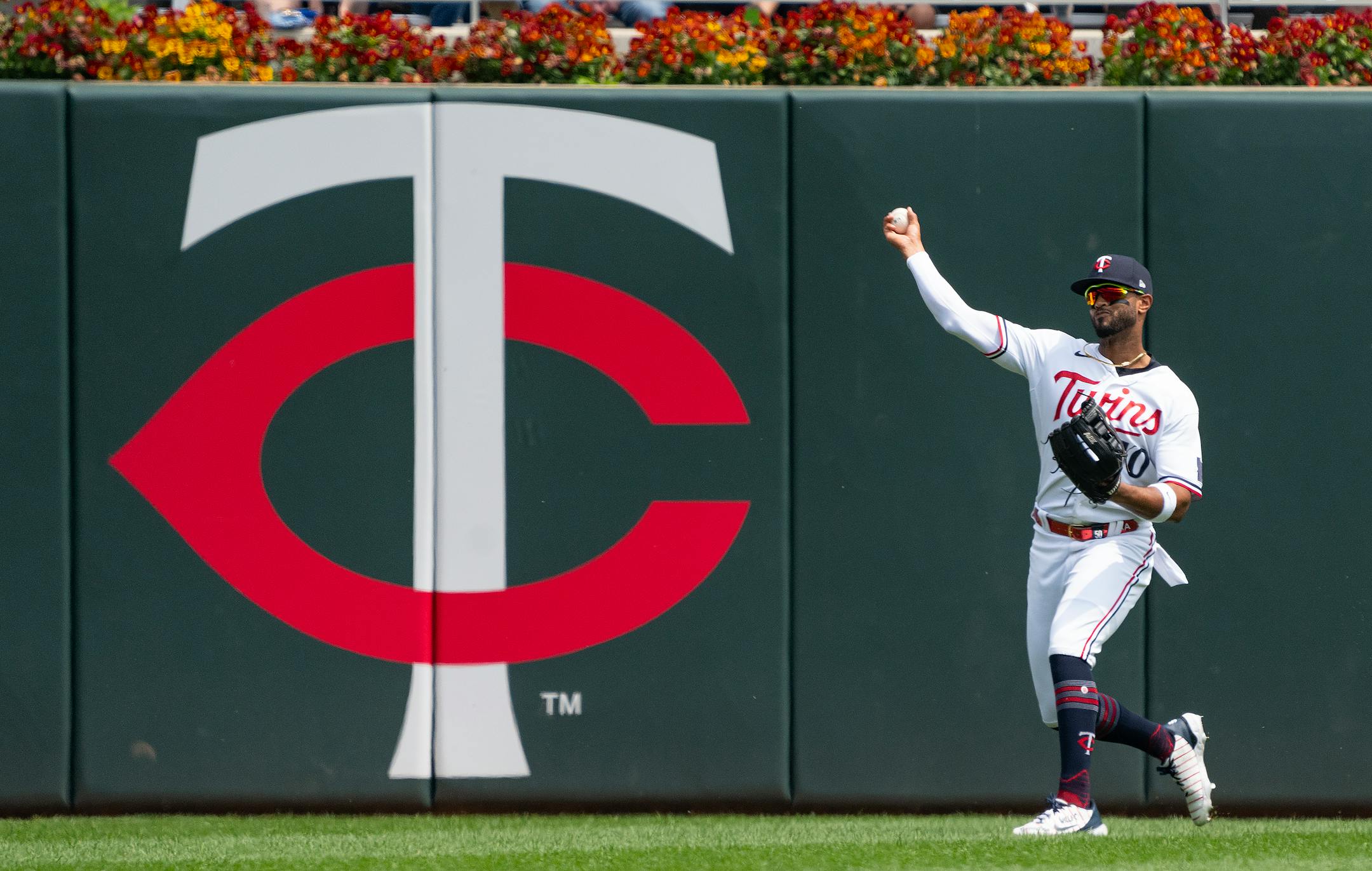Minnesota Twins left fielder Willi Castro (50) throws a ball back into the infield in the first inning against the San Francisco Giants Wednesday, May 24, 2023, at Target Field in Minneapolis. ]