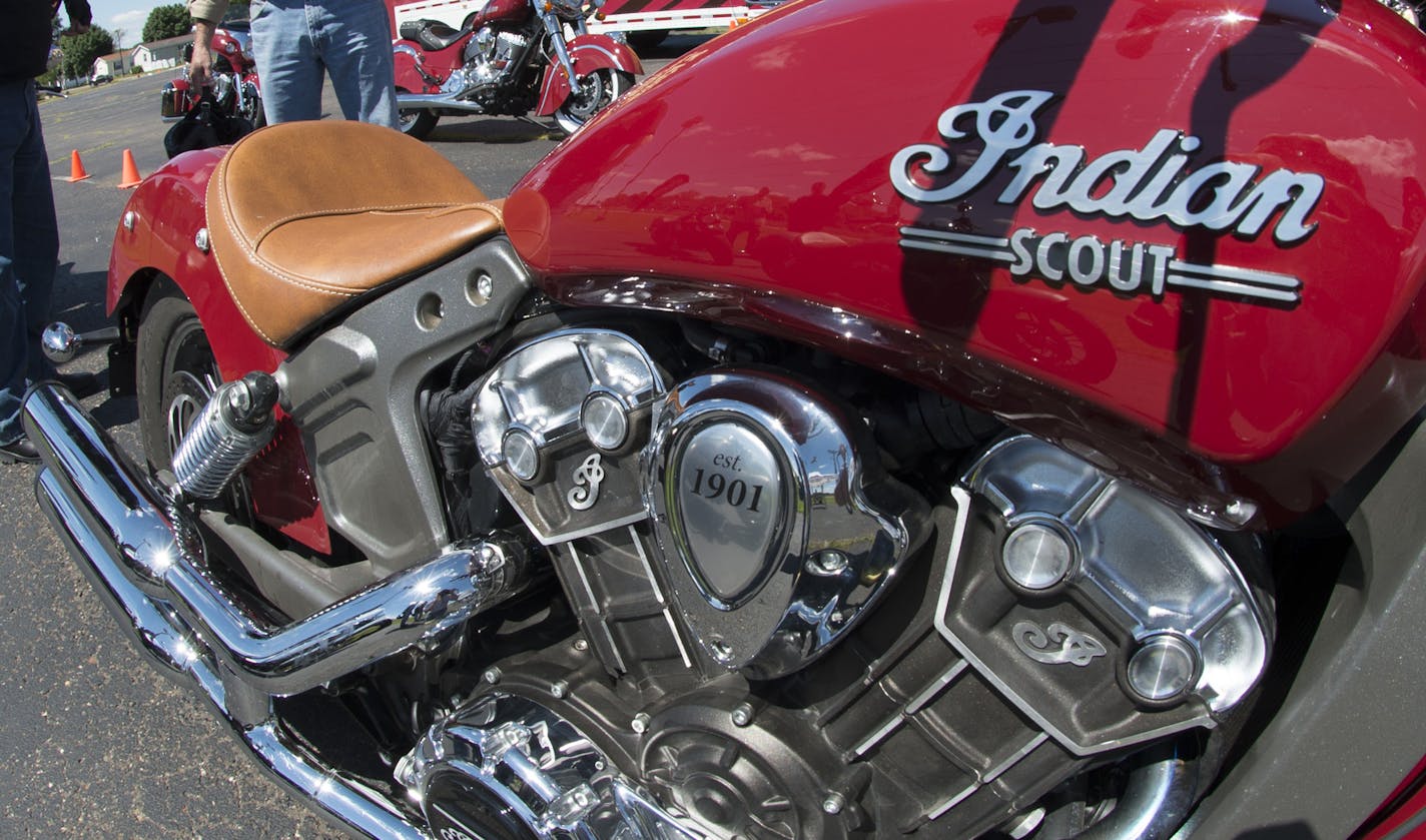 A group of motorcycle fans and potential buyers looked over a batch of Indian motorcycles. ] Indian Motorcycles of the Twin Cities is the 1st dealer in the country to give demonstration rides (todya) on Polaris's new Indian Scout. Rides will be done by 300 Minnesotans all day today. new bike was a hit decades ago, and went away after a bankruptcy. Now it's back. 756823 Indian 20035800A (DAVID BREWSTER/STAR TRIBUNE)