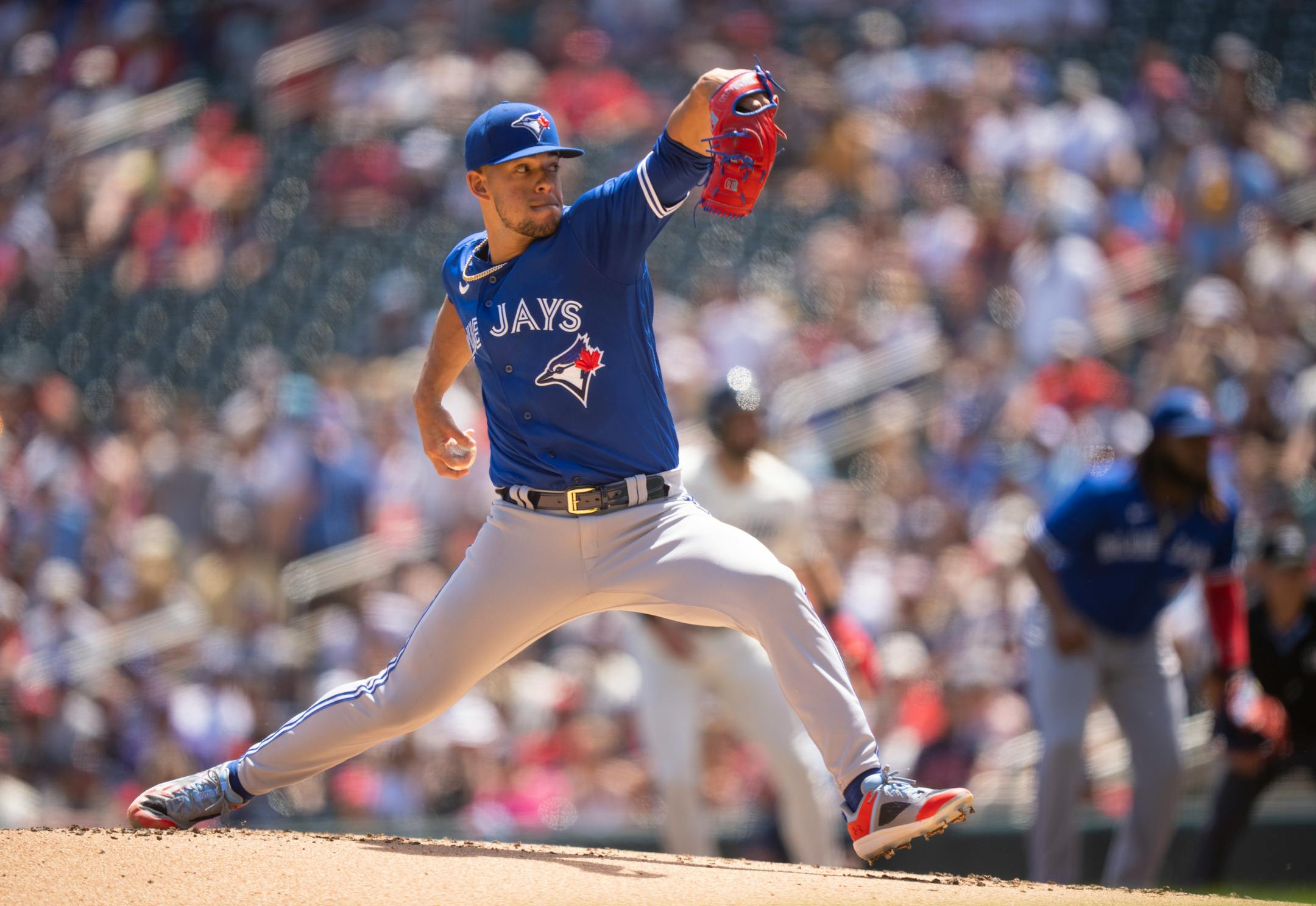 Toronto Blue Jays starting pitcher Jose Berrios (17) throwing against the Twins in the first inning. The Minnesota Twins faced the Toronto Blue Jays in an MLB baseball game Sunday afternoon, May 28, 2023 at Target Field in Minneapolis. ] JEFF WHEELER • jeff.wheeler@startribune.com