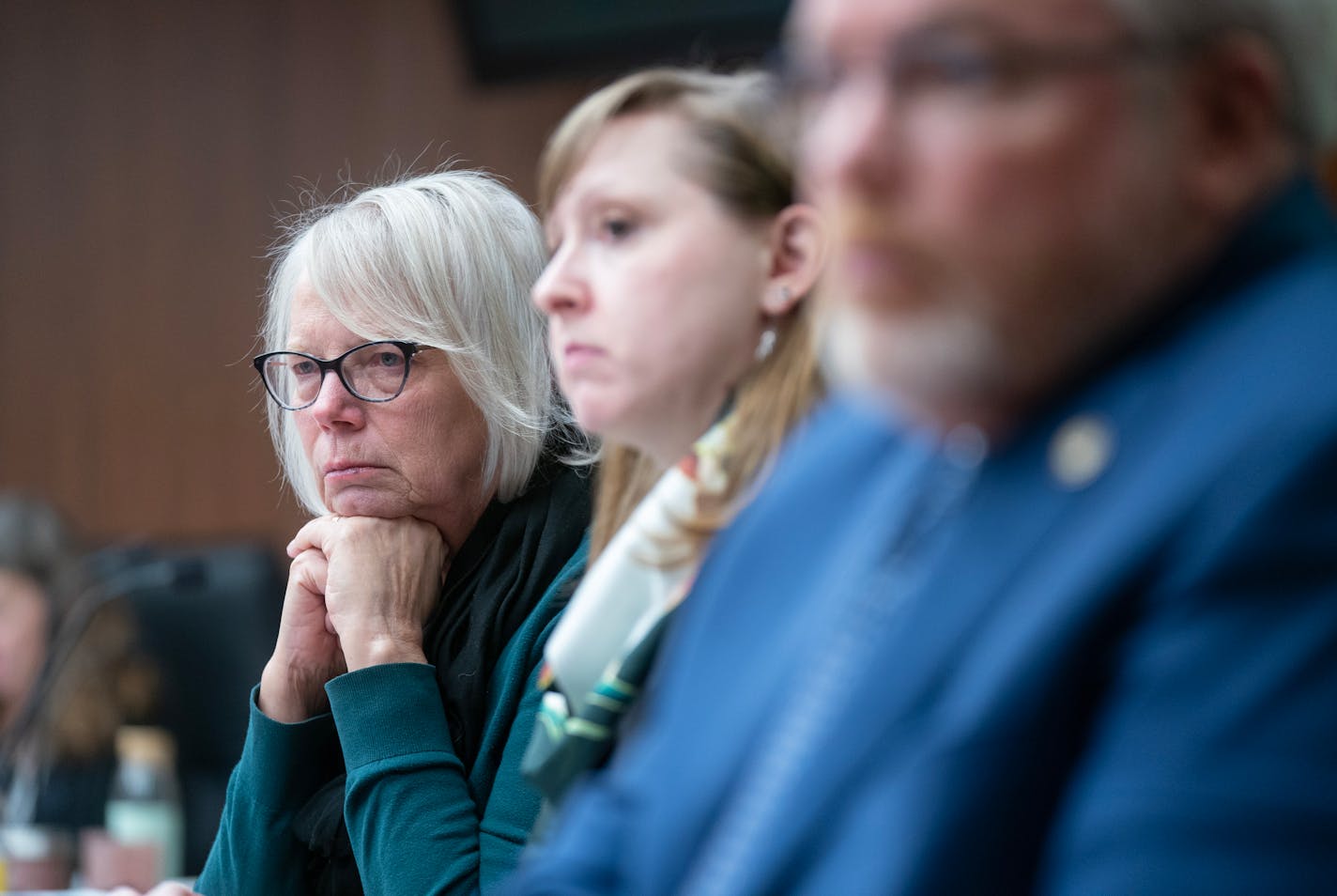 Minnesota Representative Liz Reyer listens alongside fellow committee members to testimonies on the End-of-Life Options Act during a hearing in the Minnesota House Health Finance & Policy Committee Thursday, Jan. 25, 2024, at the State Office Building in St. Paul, Minn.     ]
ALEX KORMANN • alex.kormann@startribune.com