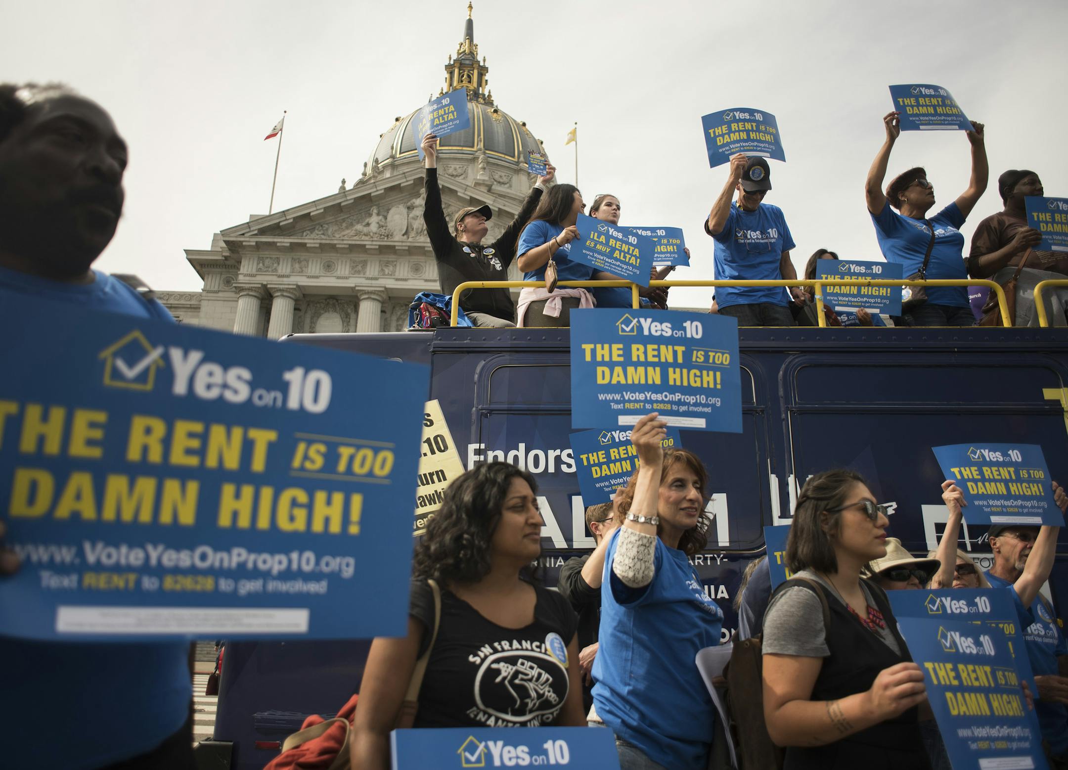 Supporters of a ballot initiative to loosen restraints on local rent control laws rallied in San Francisco in 2018.