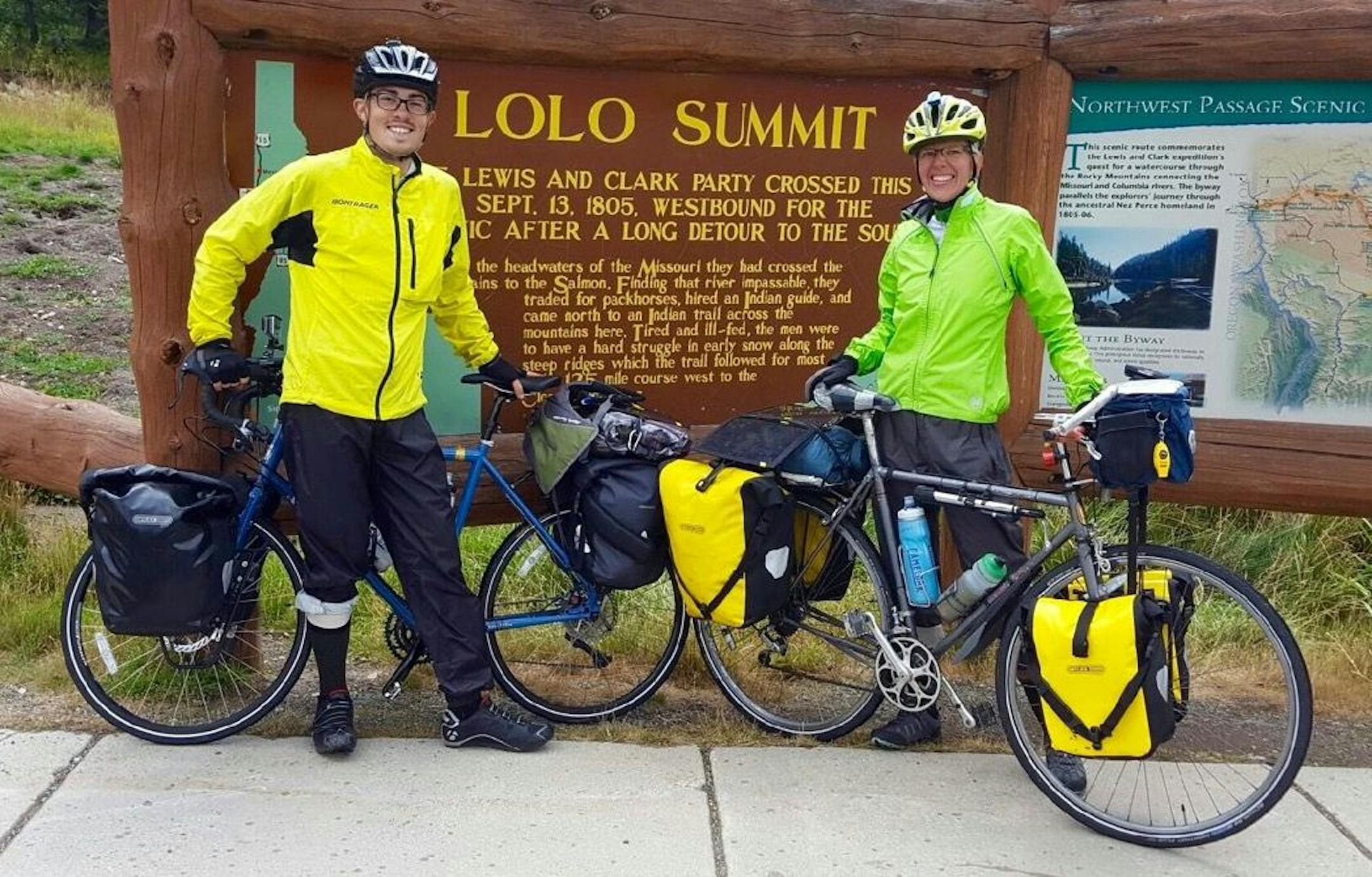 Ryan Hall, left, and Mindy Ahler arrive at LoLo Pass on the border of Idaho and Montana on Sept. 8, 2016.