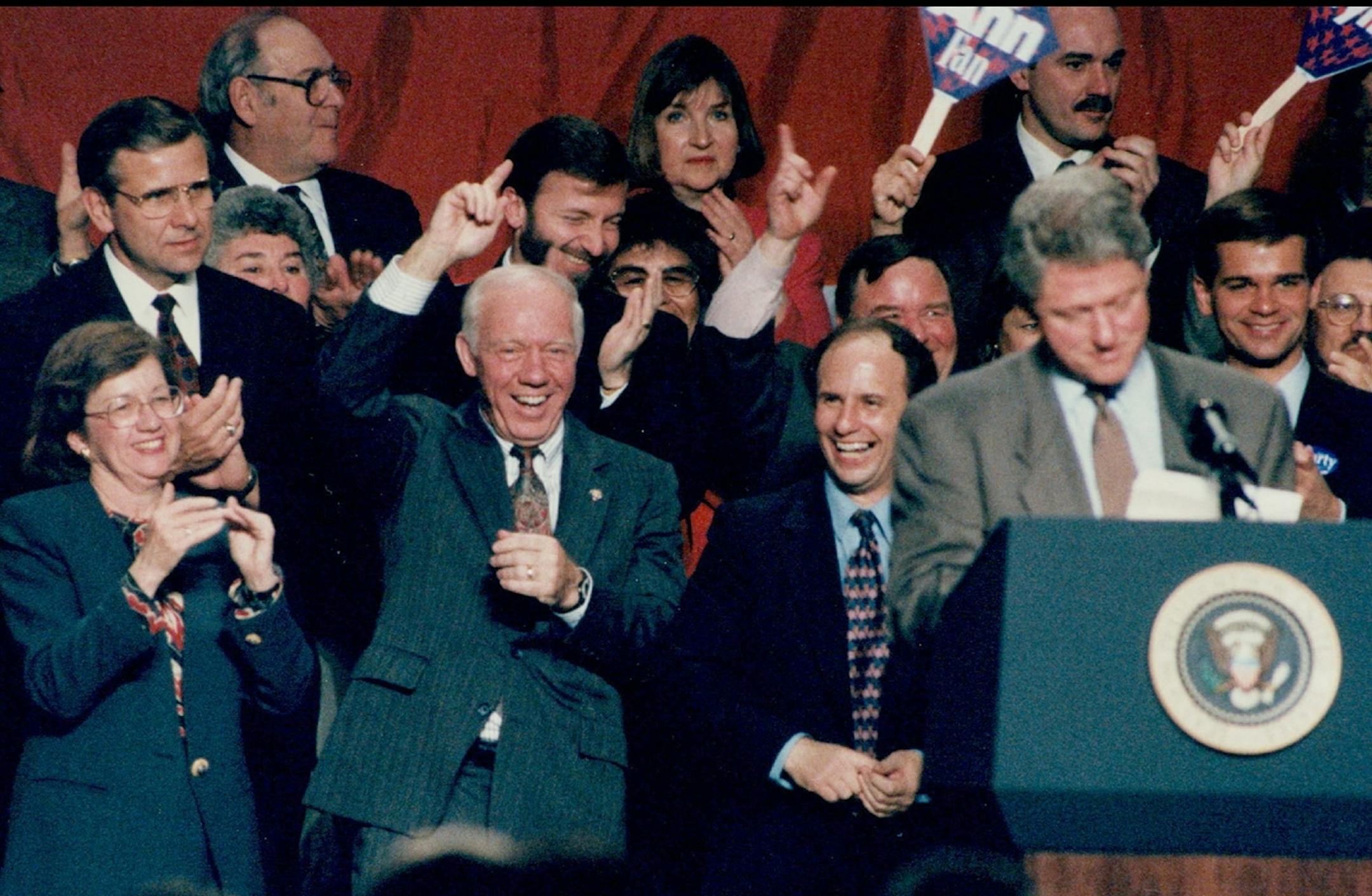 November 5, 1994: President Clinton fired up a Democratic Duluth crowd on Friday with an attack on "meanstream" Republicans. Among his backers: from left, Senate candidate Ann Wynia, Rep. Jim Oberstar, Sen. Paul Wellstone and gubernatorial hopeful John Marty.