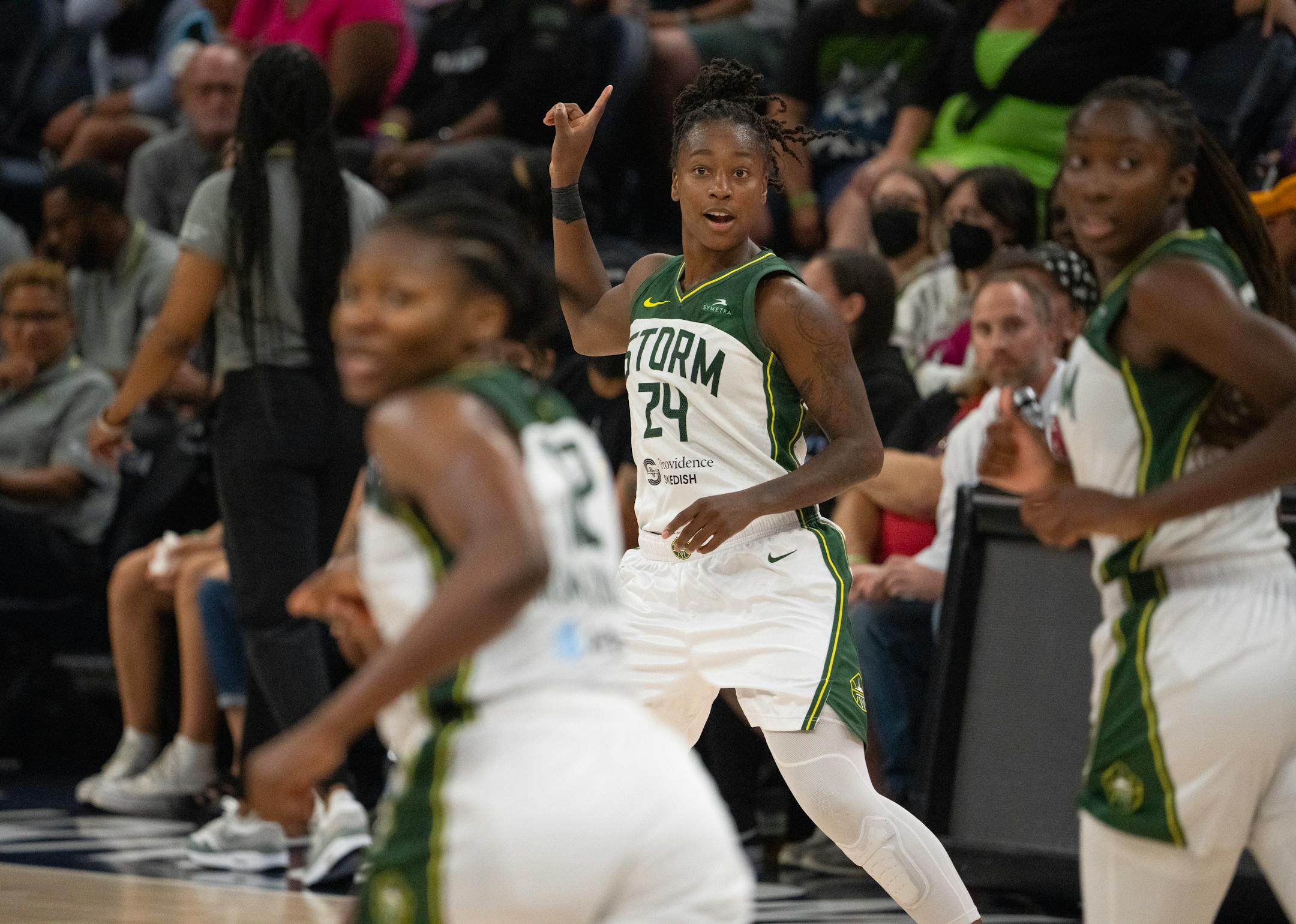 Seattle Storm guard Jewell Loyd a celebrated a three pointer in the fourth quarter. She led all scorers with 31 points.