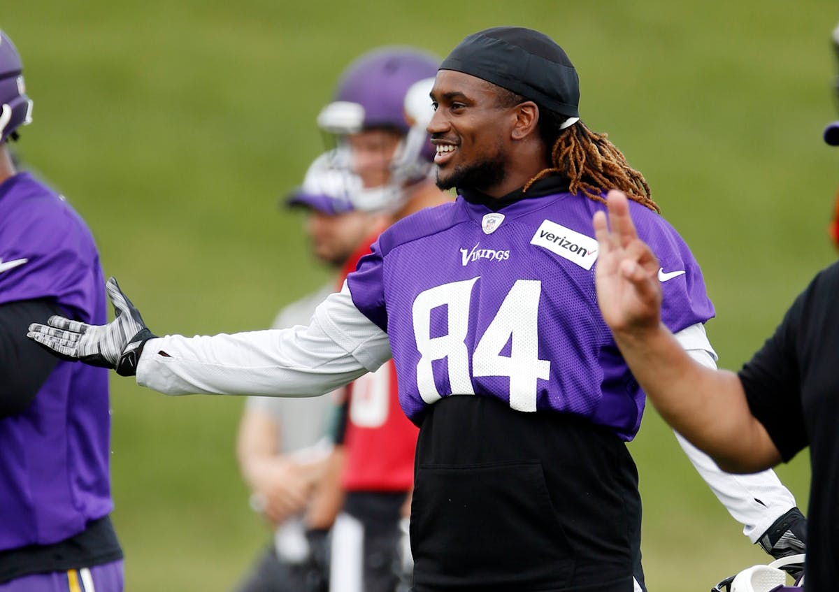 Cordarrelle Patterson enjoyed a lighter moment at the end of calisthenics during minicamp Wednesday, June 15, 2016, in Eden Prairie.