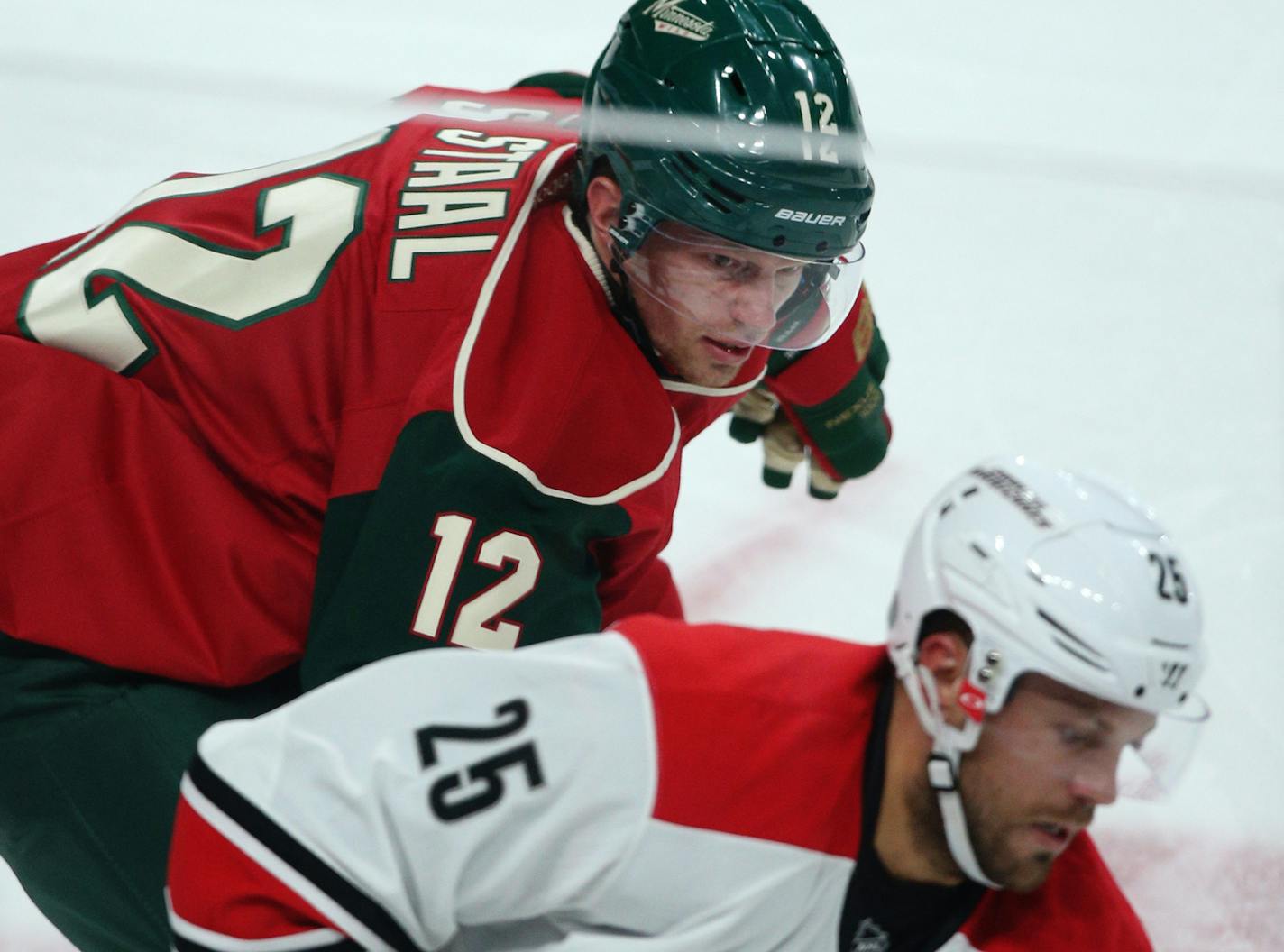 Wild center Eric Staal pursued Hurricanes left wing Viktor Stalberg during the second period. ] Mark Vancleave - mark.vancleave@startribune.com * The Carolina Hurricanes played the Minnesota Wild on Sunday, Oct. 2, 2016 at the Xcel Energy Center in St. Paul, Minn.