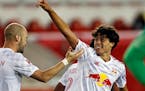 FILE - In this Saturday, April 17, 2021 file photo, New York Red Bulls midfielder Caden Clark (37) reacts after scoring a goal against the Sporting Ka