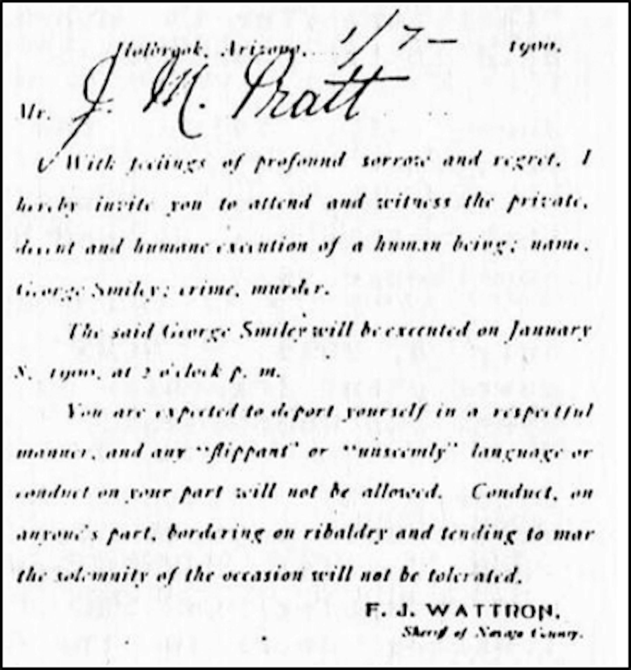 One of two invitations to a hanging sent out by the sheriff of Holbrook, Ariz., in 1900.