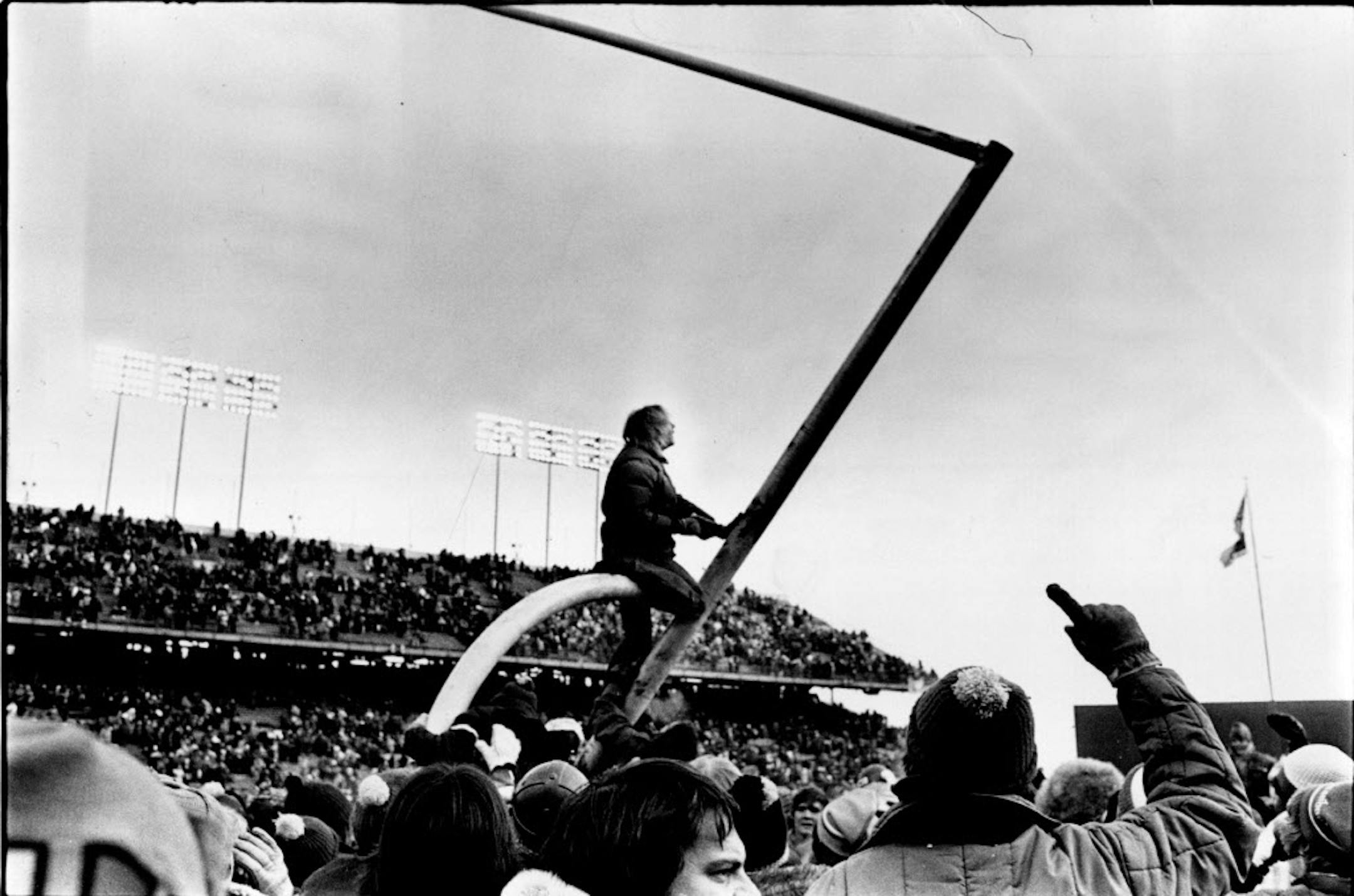 1976. A jubilant fan rode a goal post to the ground after the Vikings beat the Rams 24-13.