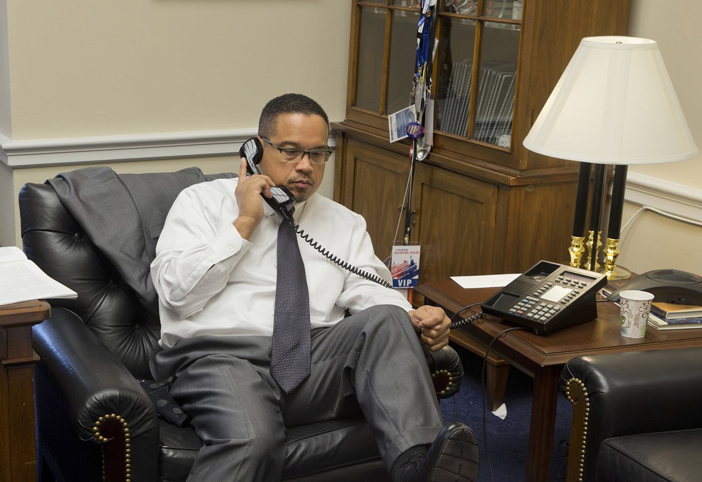 FILE -- Rep. Keith Ellison (D-Minn.) in his office on Capitol Hill in Washington, Dec. 10, 2015. Struggling to respond to Donald Trump&#xed;s stunning victory, a group of shell-shocked Democrats have moved swiftly to endorse Ellison for chairman of the Democratic National Committee, hoping that the Minnesotan would be a fresh face for a party with a depleted bench. (Stephen Crowley/The New York Times) ORG XMIT: MIN2016112220534362