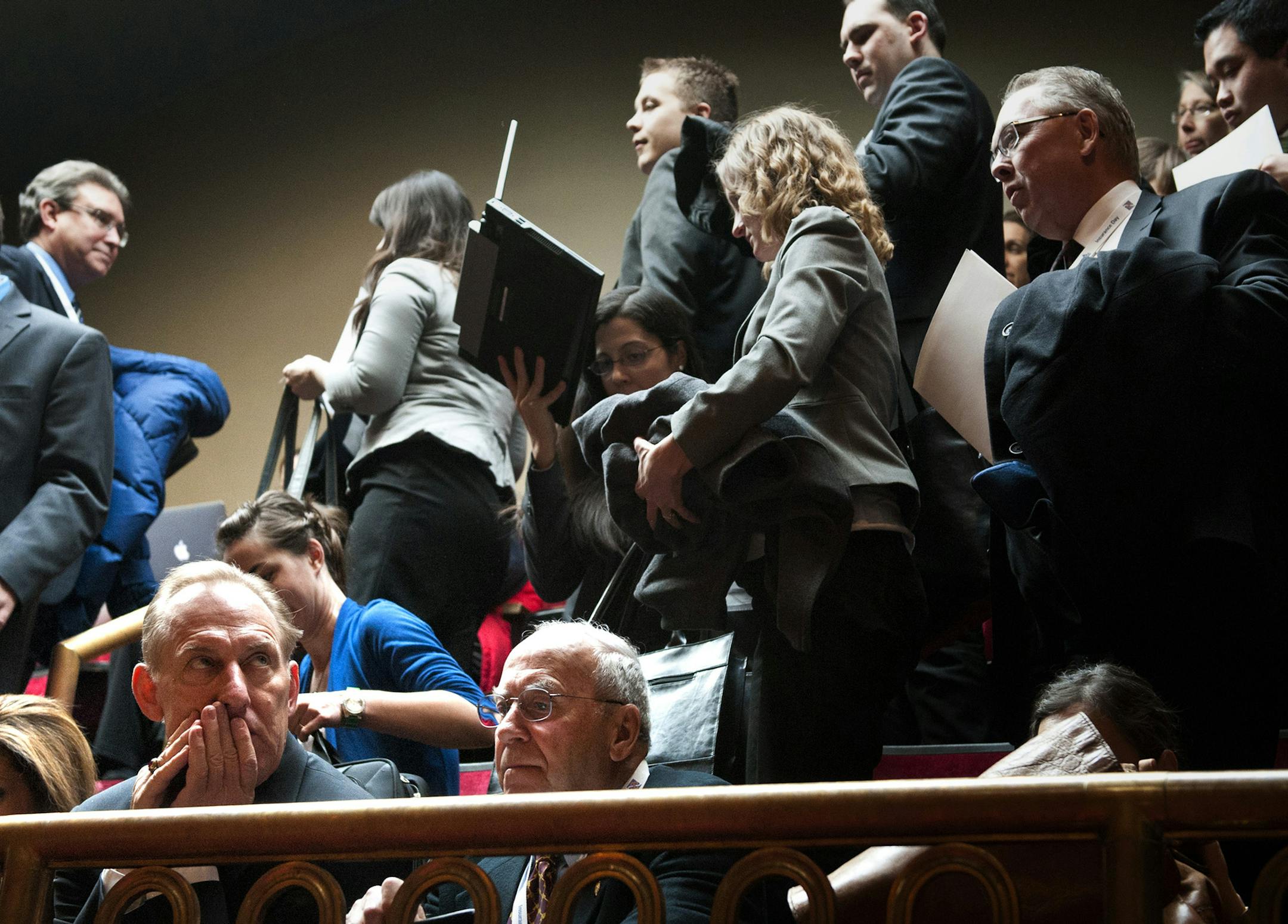 Members of a group of insurance agents and companies visiting the Capitol for the day to meet with legislators got up and left the Senate gallery after an amendment they supported was defeated. The amendment would have prevented the health insurance exchange board from excluding insurance company plans even though they meet guidelines set up by the exchange. Thursday, March 7, 2013. ] GLEN STUBBE * gstubbe@startribune.com